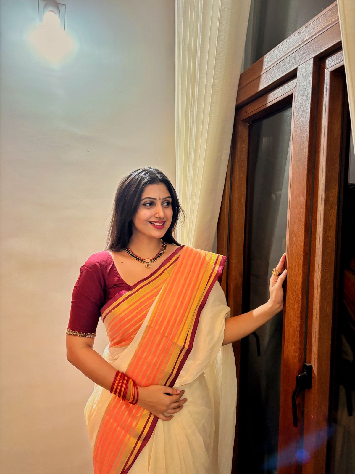MUL COTTON WITH ORANGE MAROON BORDER-TBS26VC