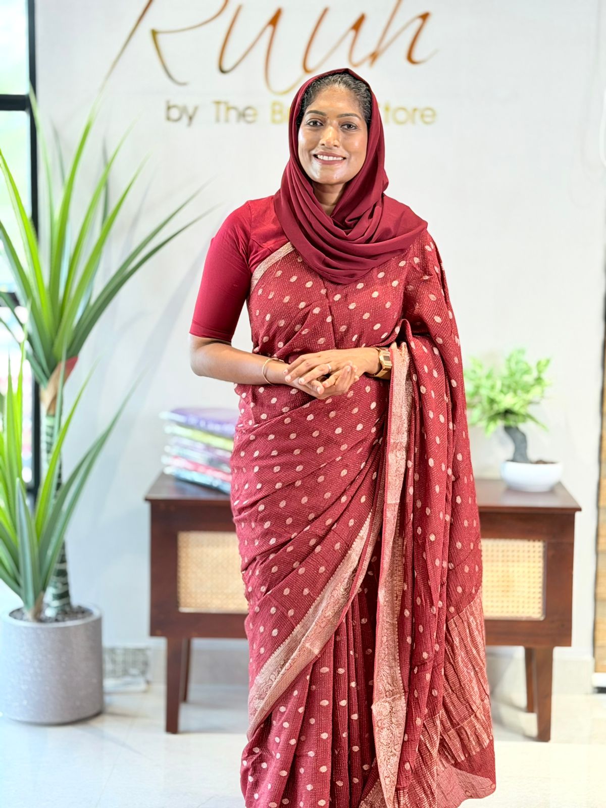 MAROONISH BROWN VISCOSE CHINNON SAREE