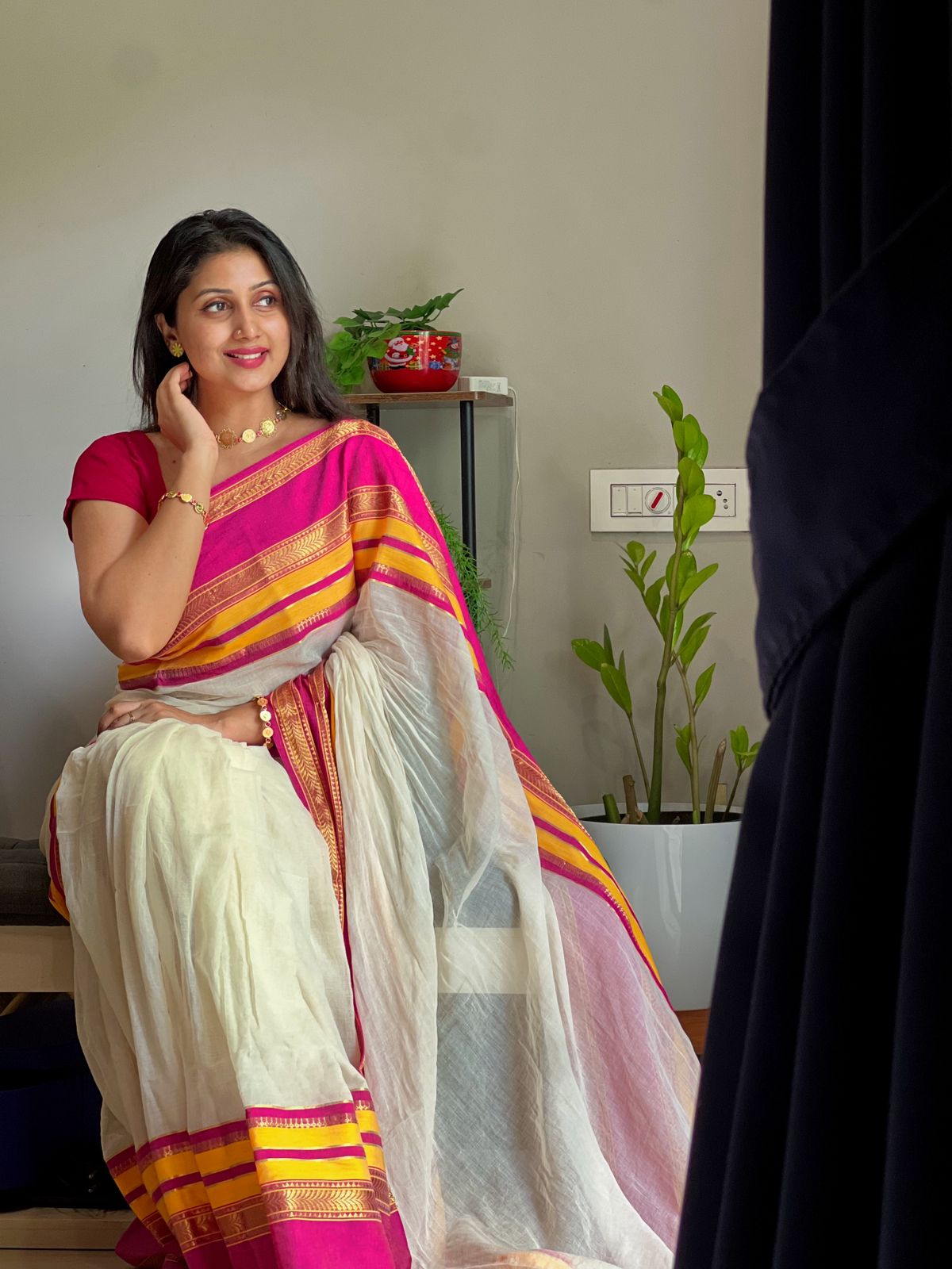 MULMUL COTTON SAREE WITH PINK & YELLOW BORDER- TBS26PY