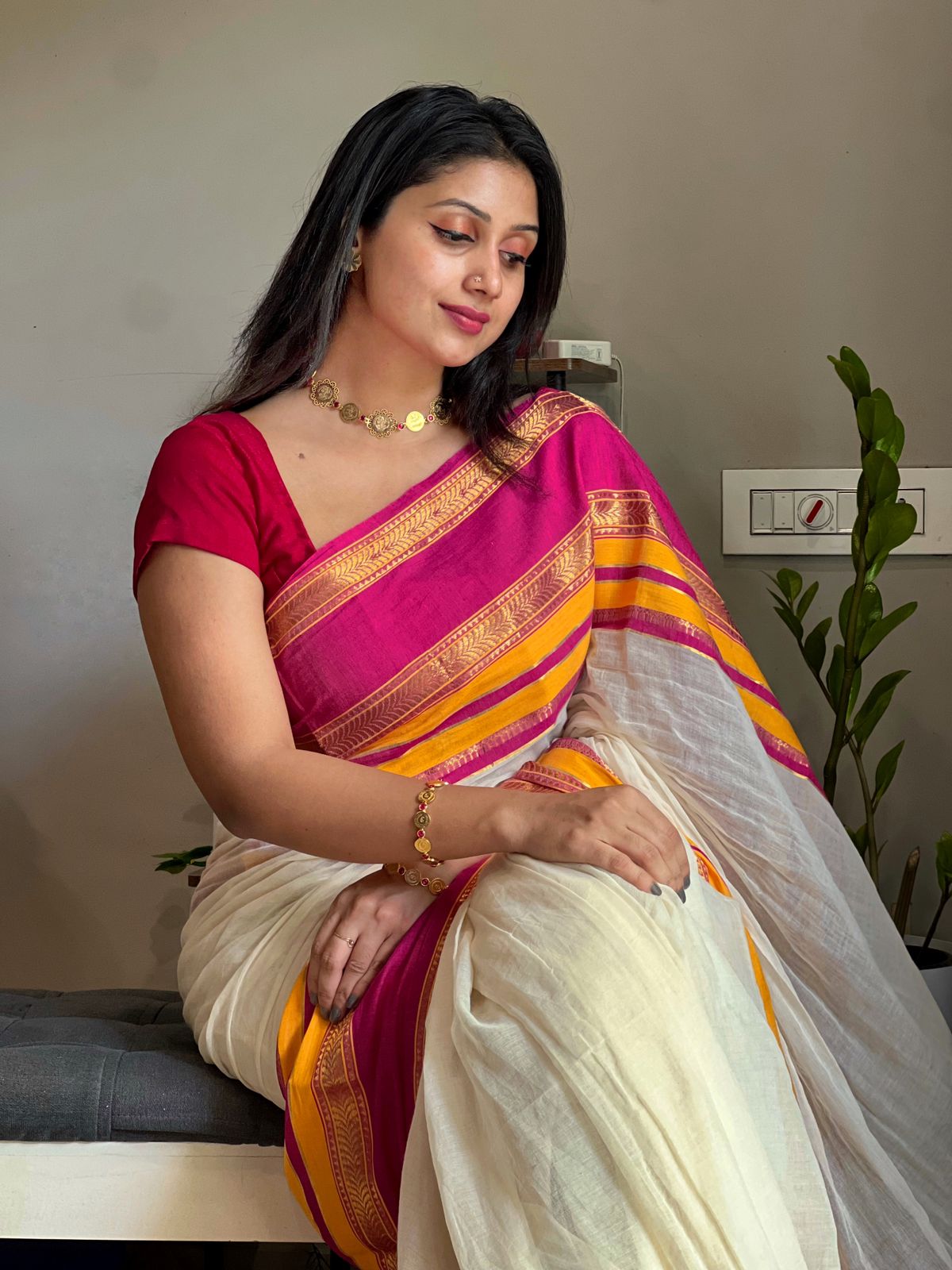 MULMUL COTTON SAREE WITH PINK & YELLOW BORDER- TBS26PY