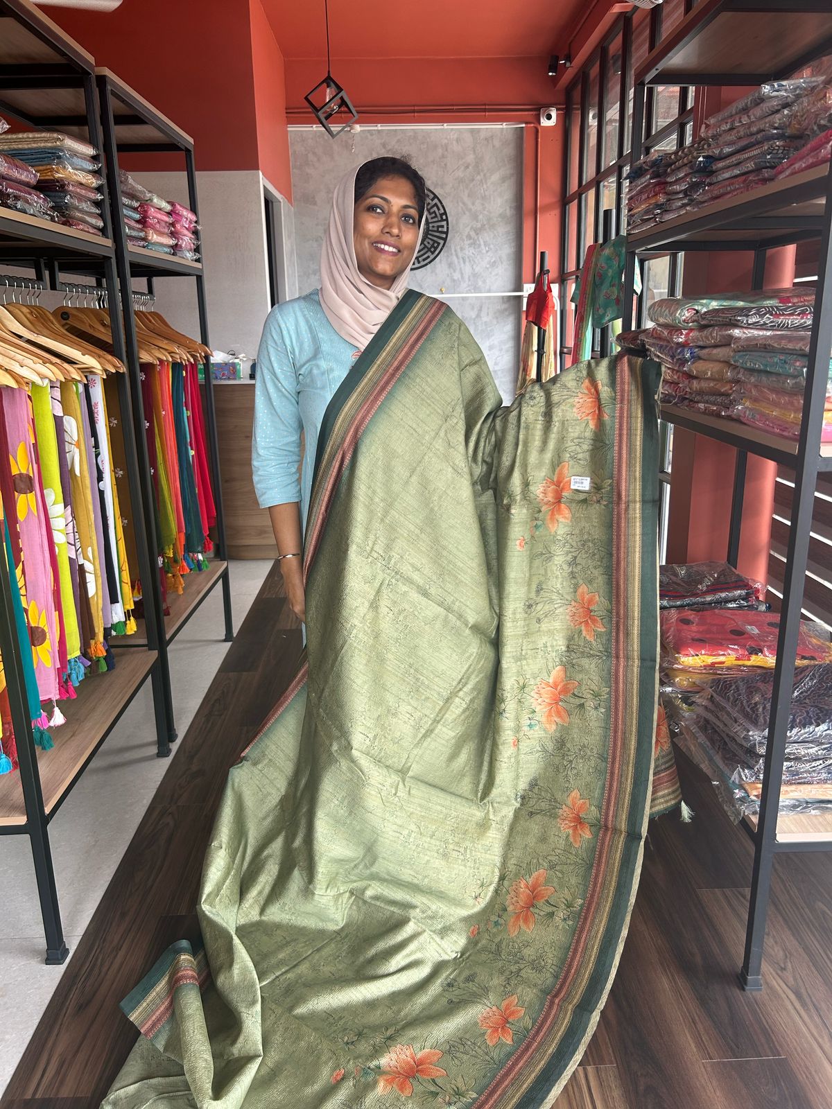 GREEN BASE DIGITAL PRINTED CRUSH SILK SAREE