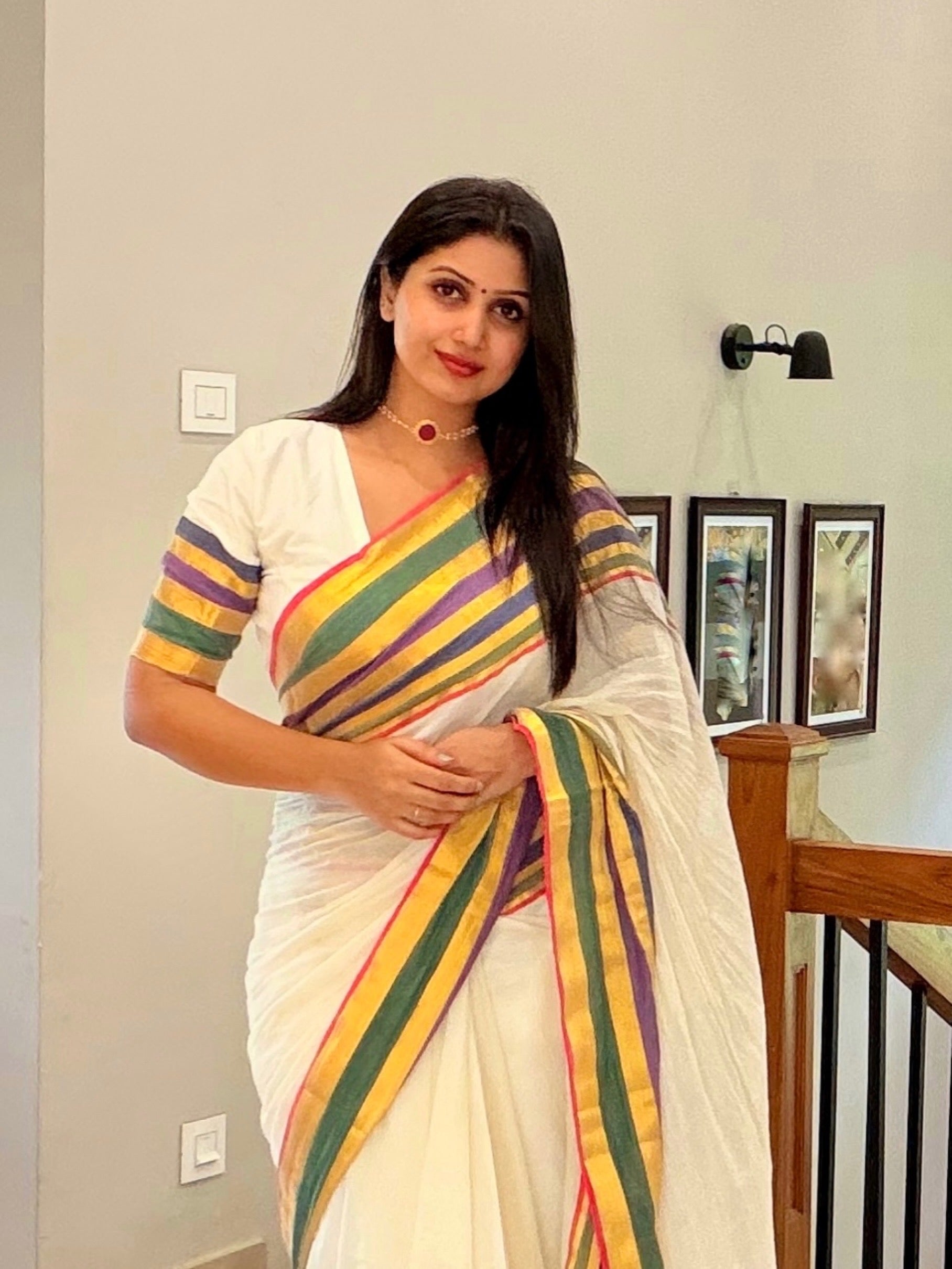 OFF WHITE MULMUL SAREE WITH MULTICOLOUR BORDER- TBS26VC
