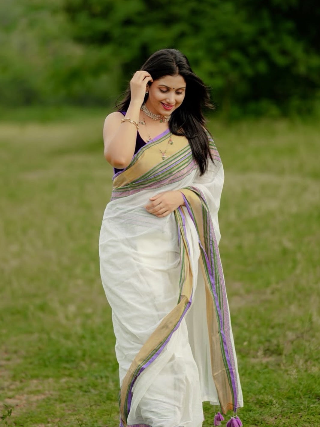 MULMUL SAREE WITH STRIPE & ZARI BORDER- TBS26ZPB