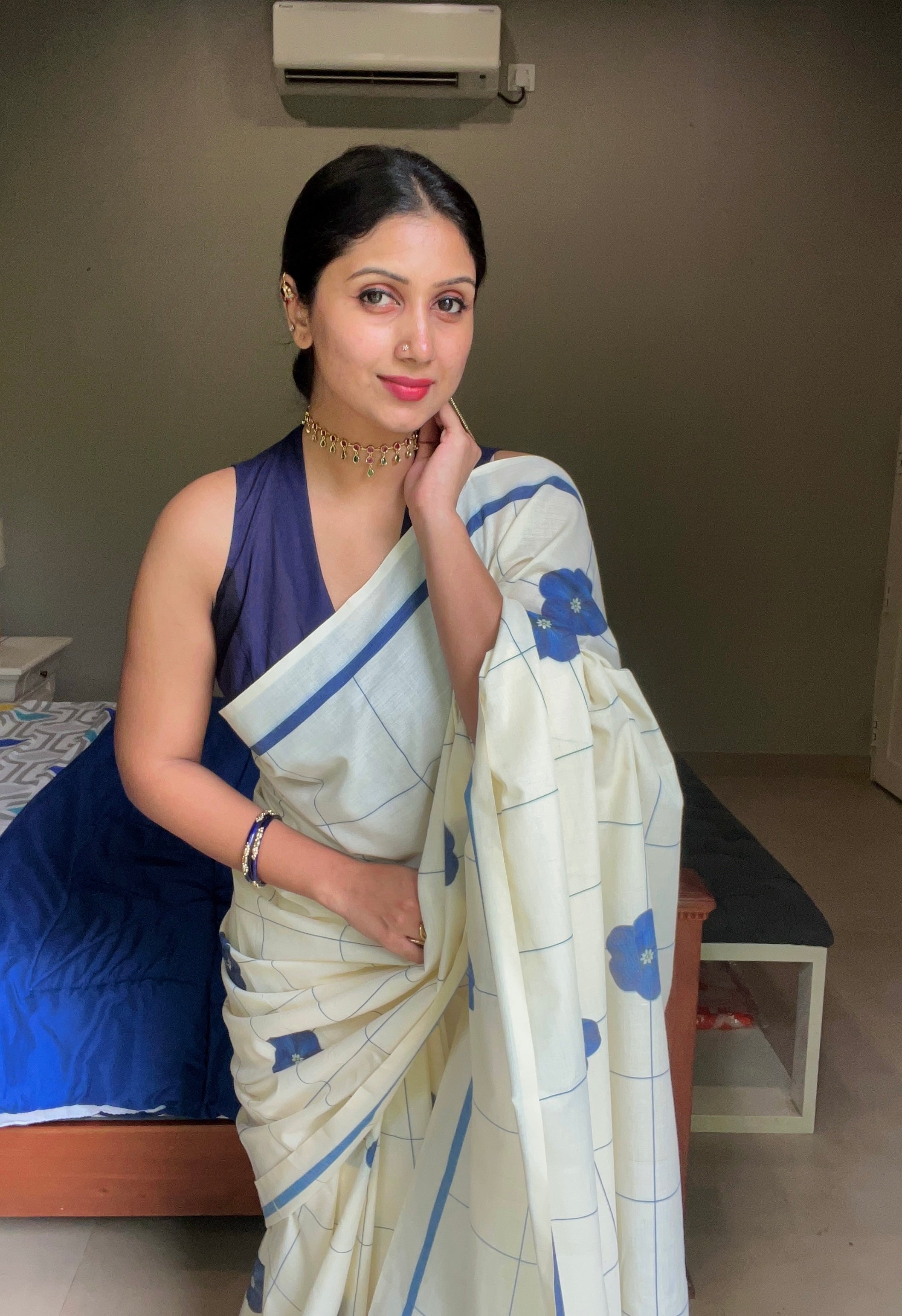 FLORAL PRINTED COTTON CHECK SAREE- TBS26OFC