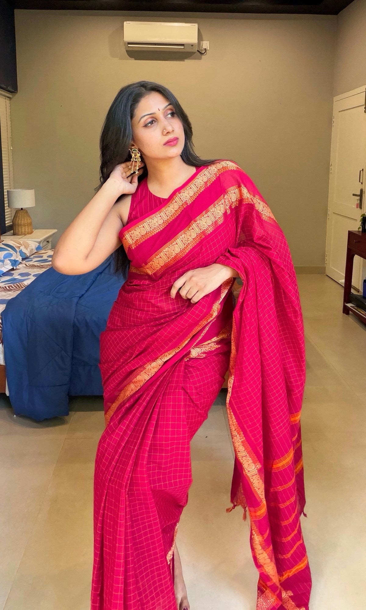 KANCHI COTTON IN RED CHECKS- TBS26KCB