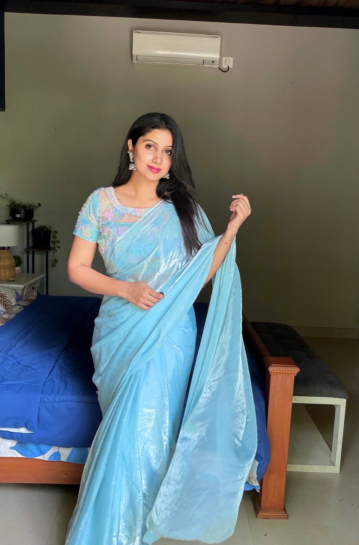 LIGHT BLUE  SPACE SILK, NET BLOUSE- TBS26SSN