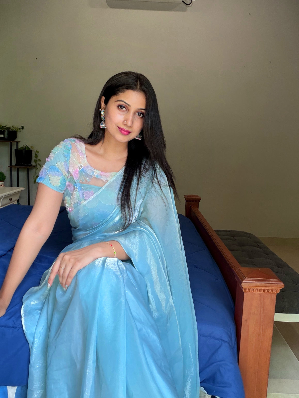 LIGHT BLUE  SPACE SILK, NET BLOUSE- TBS26SSN