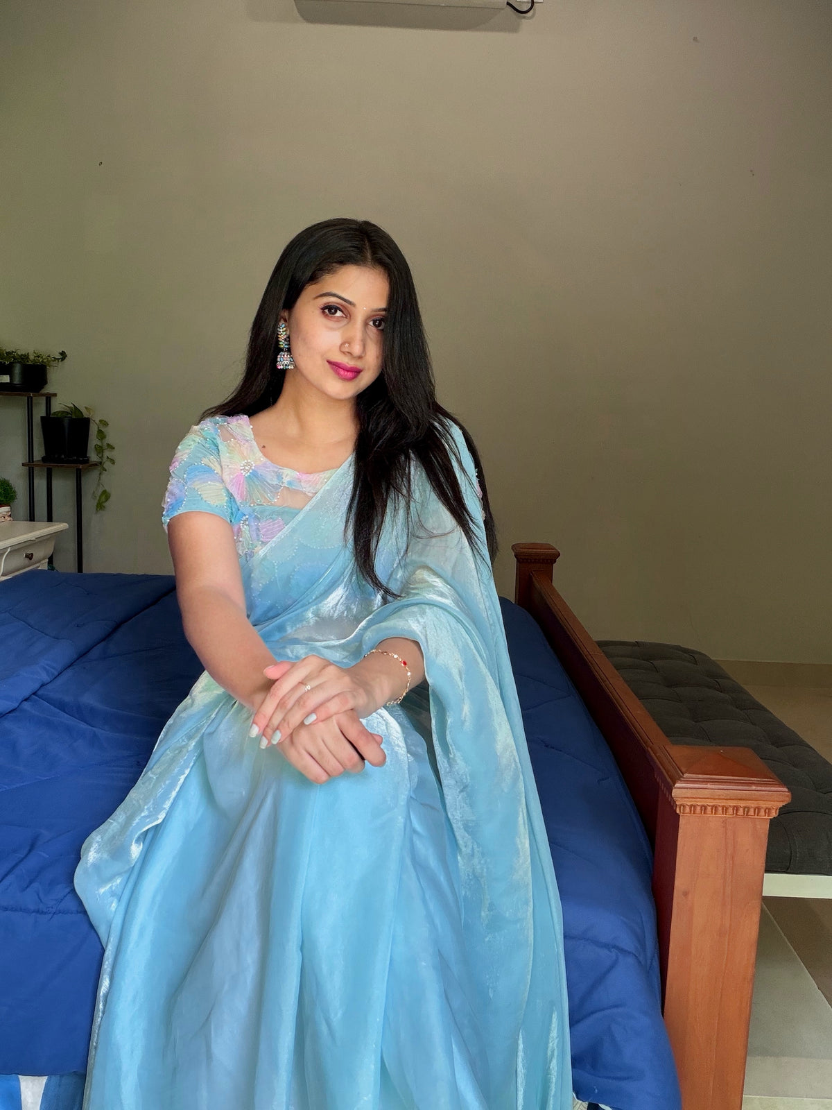 LIGHT BLUE  SPACE SILK, NET BLOUSE- TBS26SSN