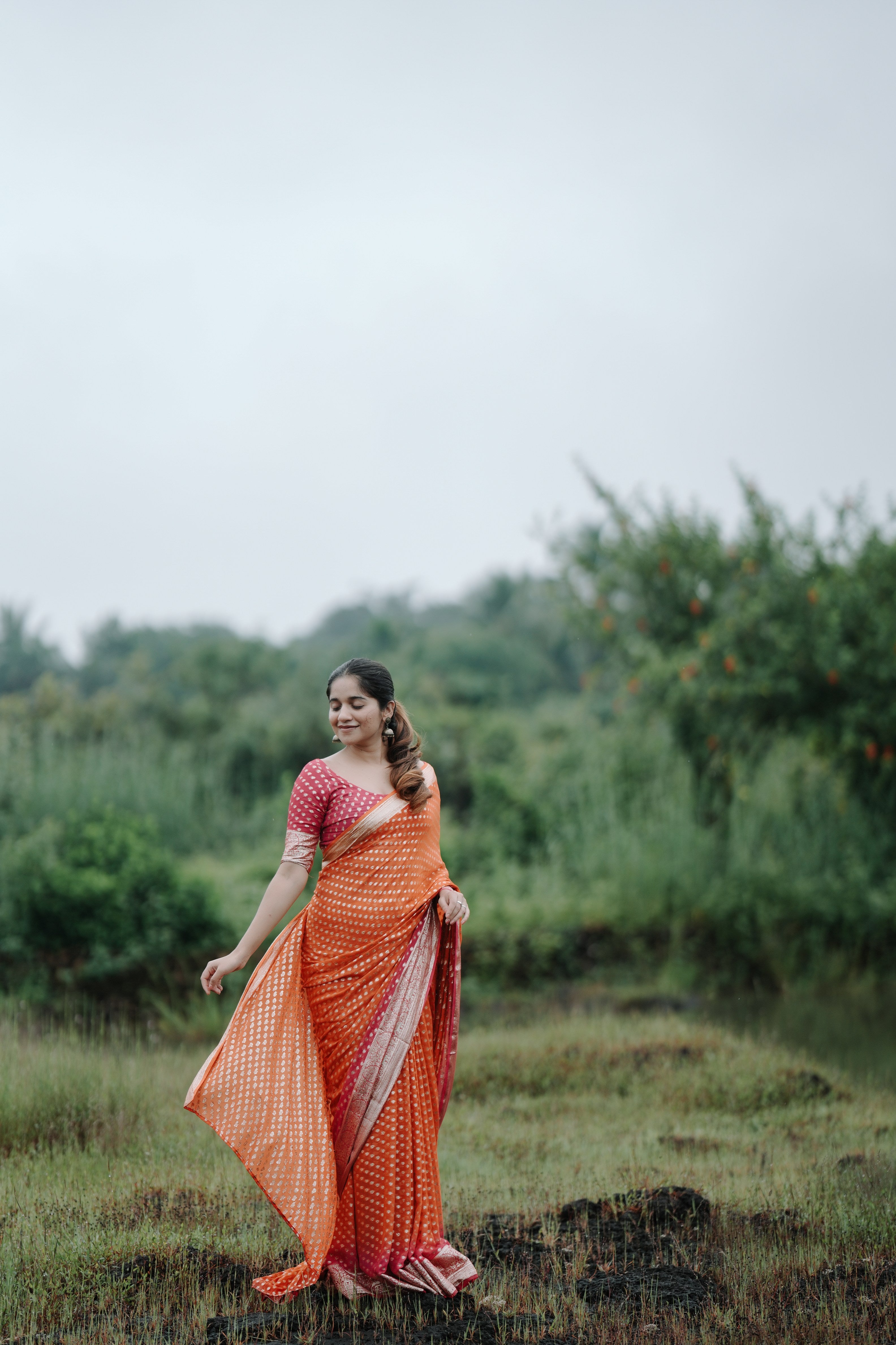 ORANGE-PINK VISCOSE GEORGETTE SAREE