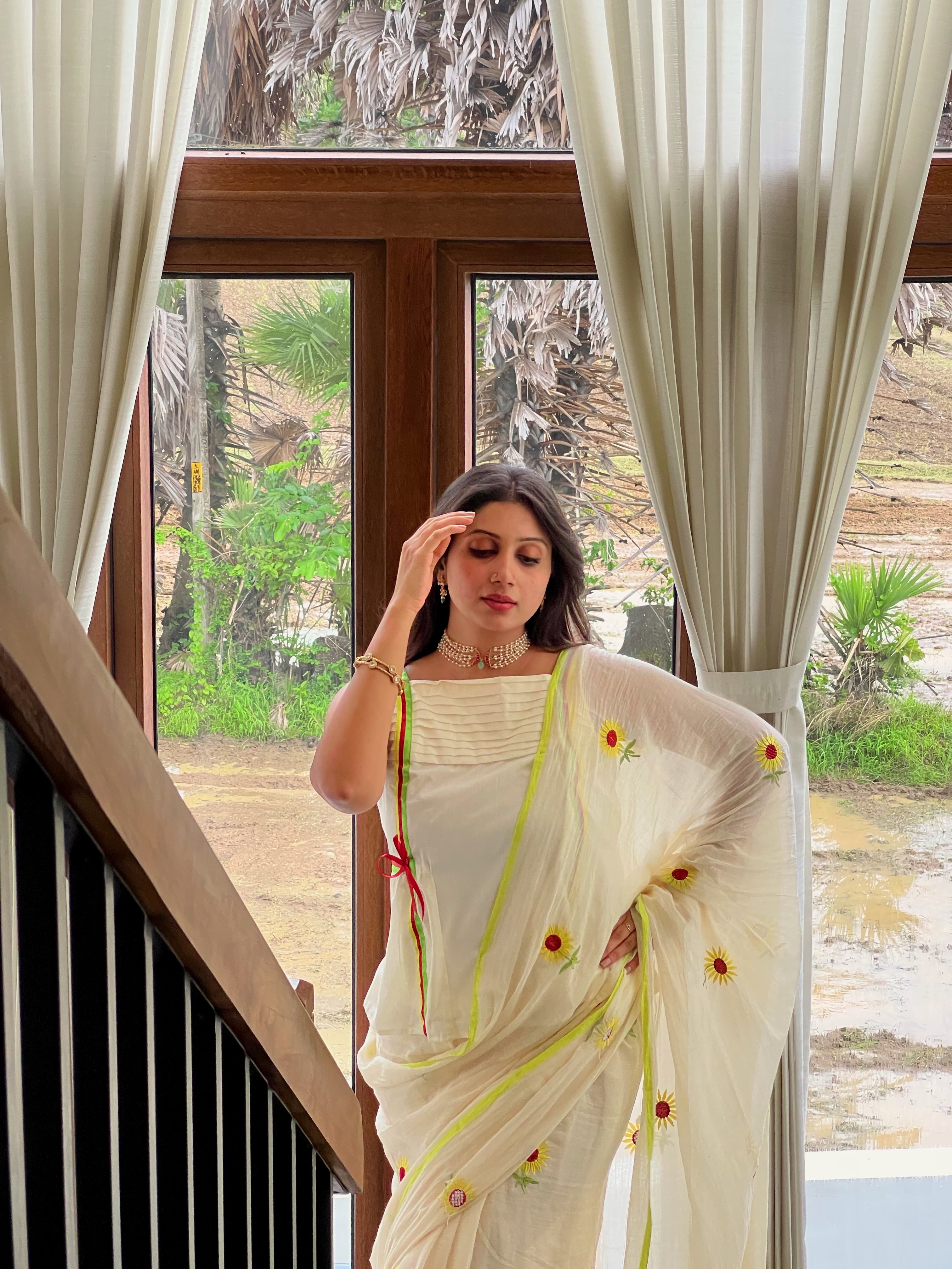 SUNFLOWER EMBROIDERY MUL MUL COTTON SAREE - TBS26SF