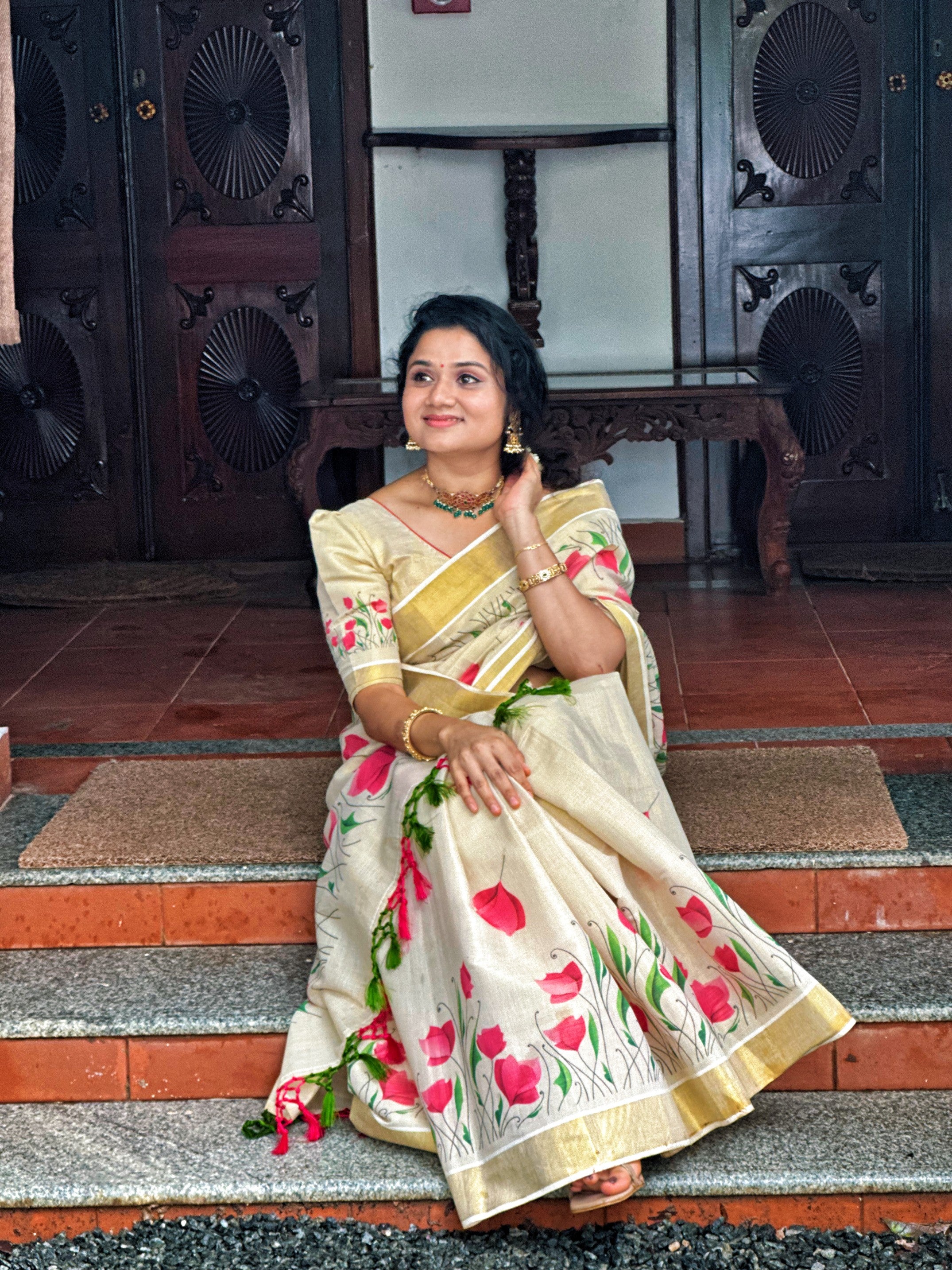 PINK FLORAL PRINTED KERALA TISSUE SAREE