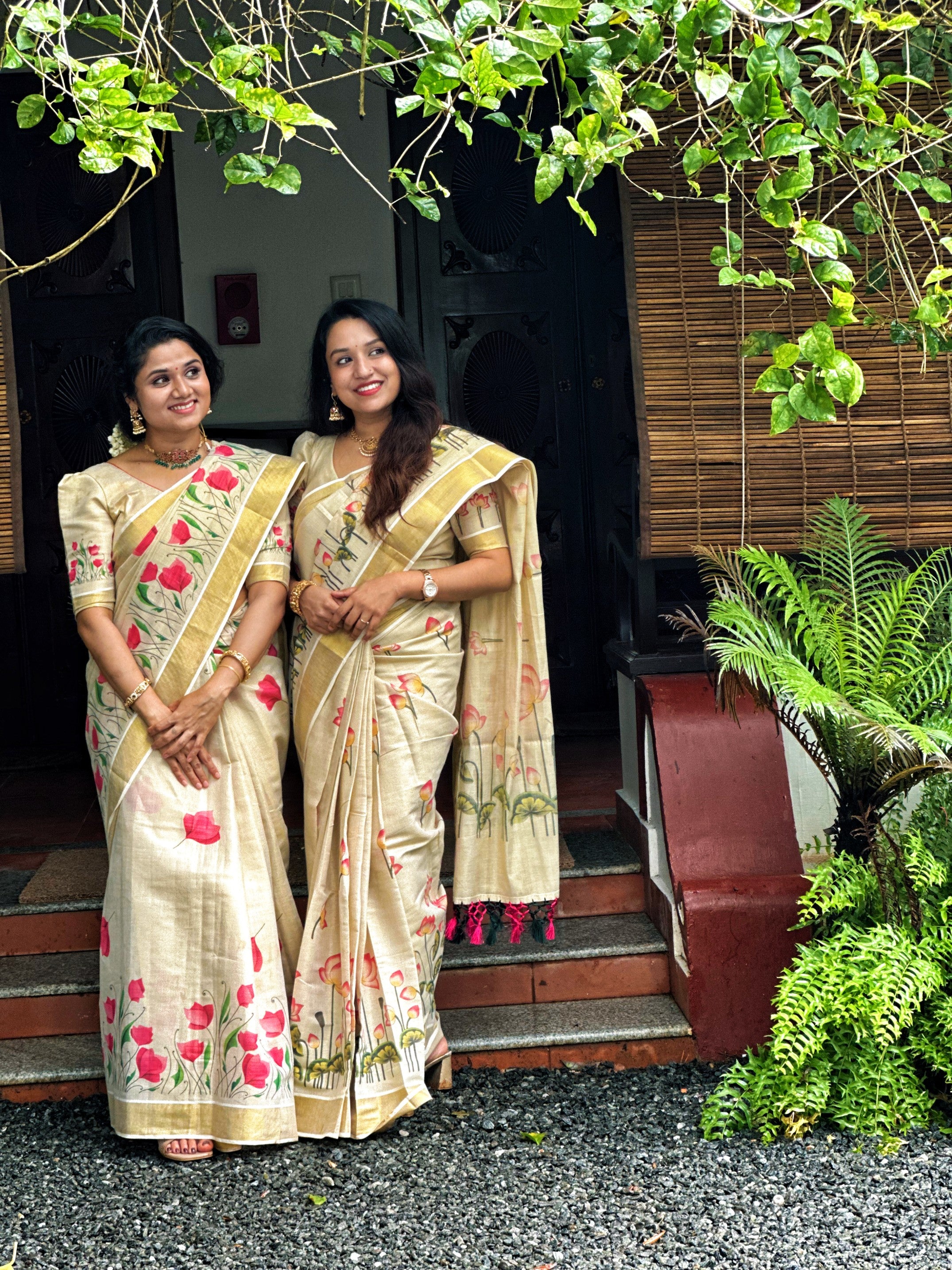PINK FLORAL PRINTED KERALA TISSUE SAREE