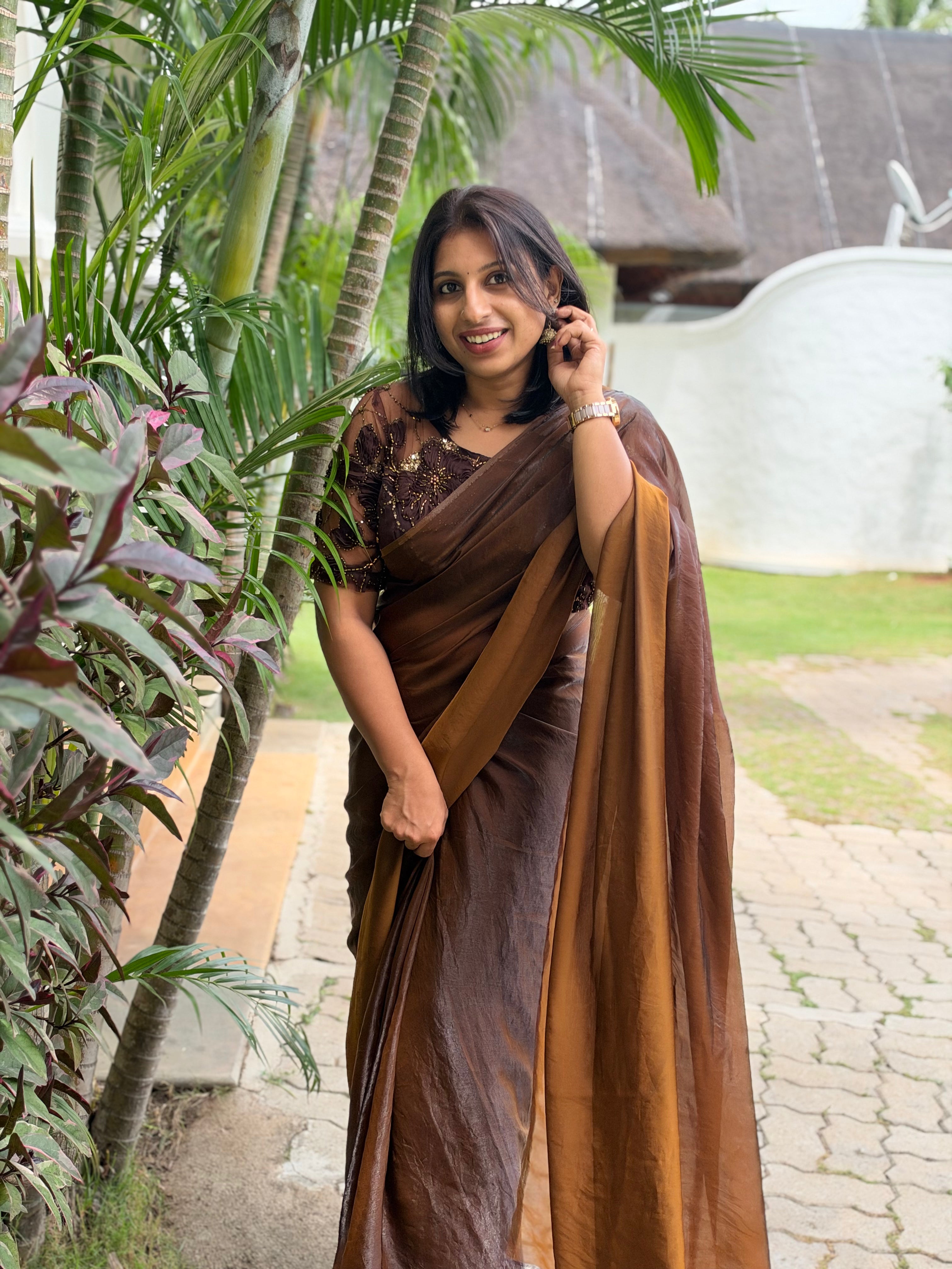 COFFEE BROWN SPACE SILK, NET BLOUSE