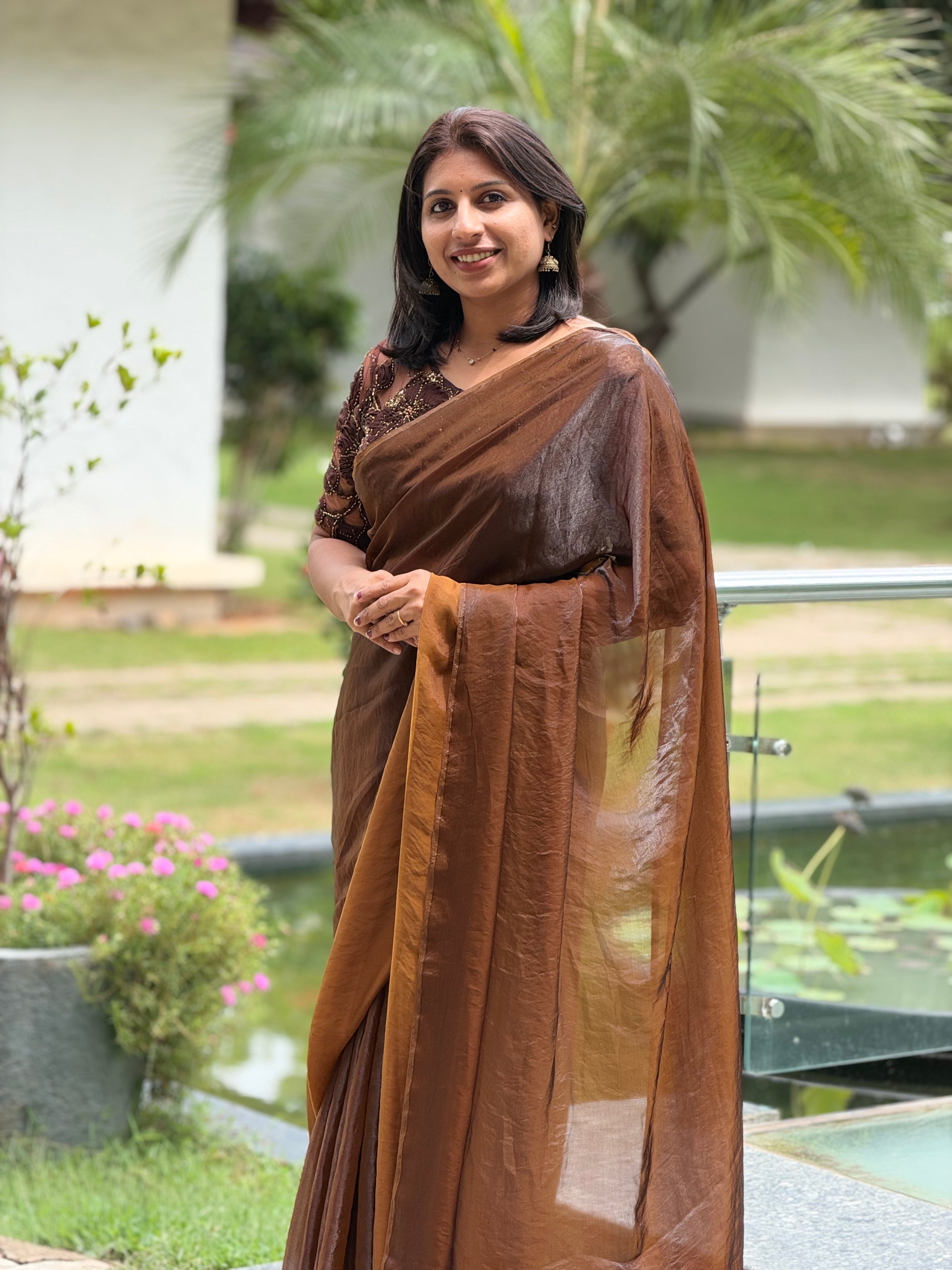 COFFEE BROWN SPACE SILK, NET BLOUSE