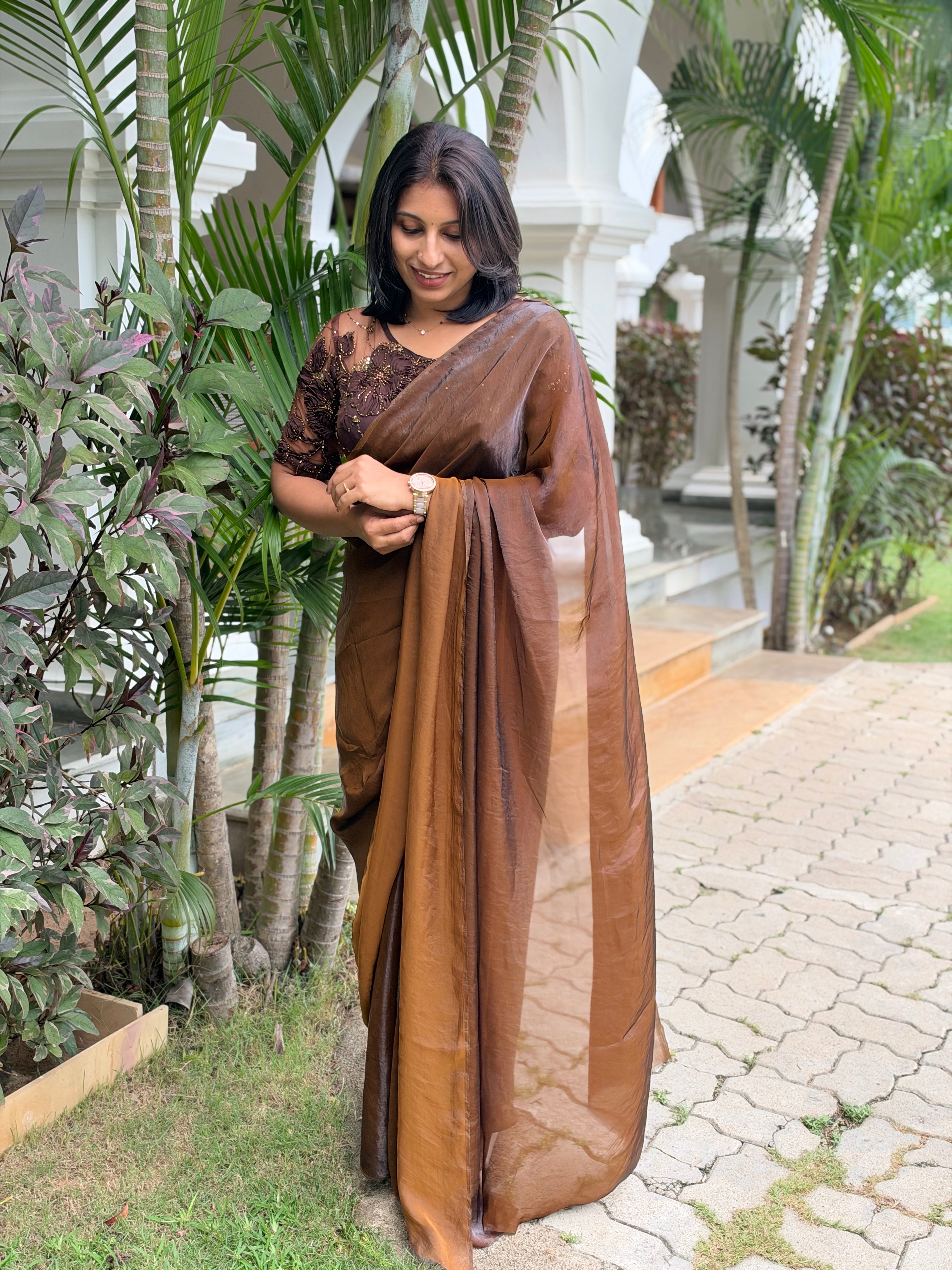COFFEE BROWN SPACE SILK, NET BLOUSE