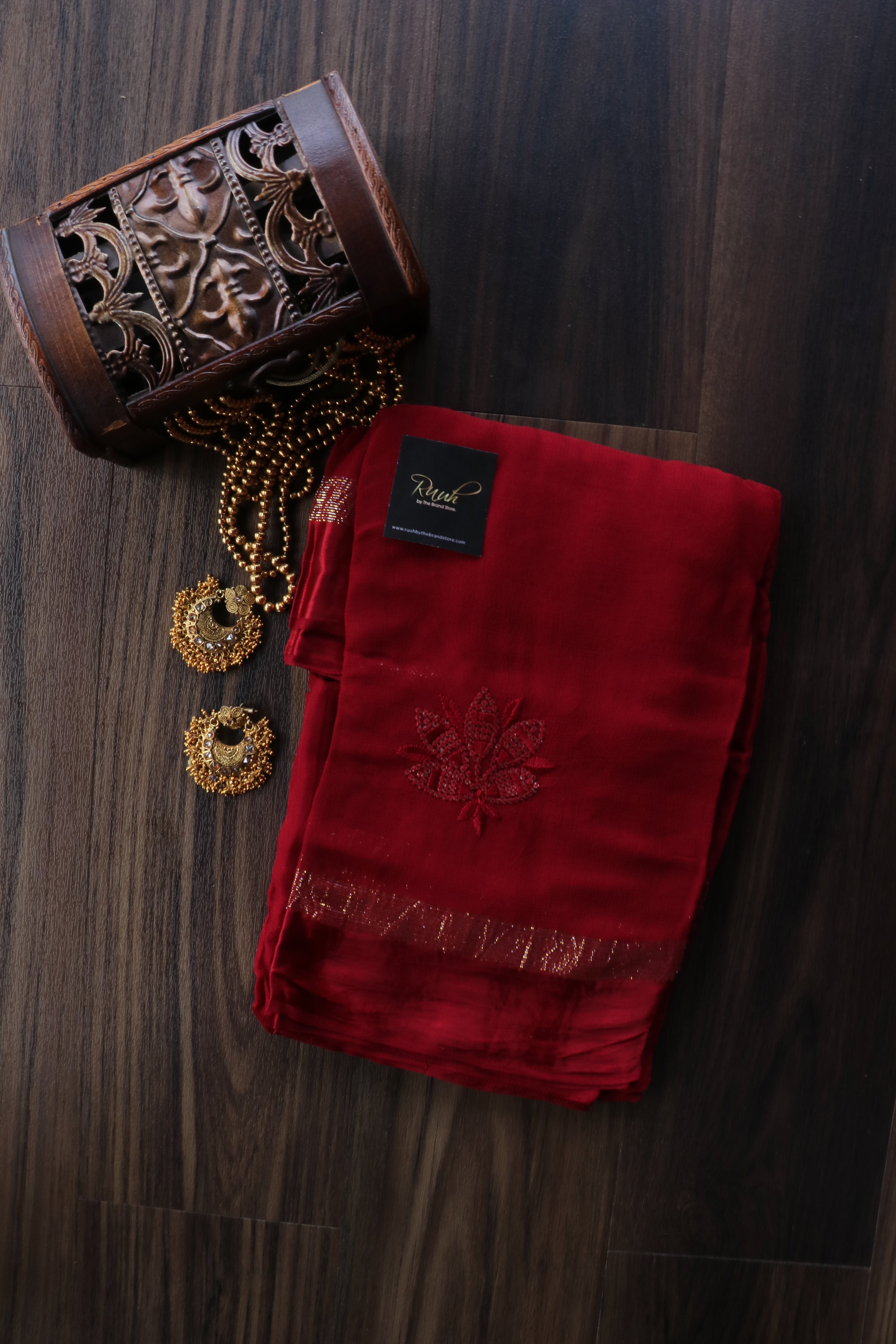 DEEP MAROON VISCOSE GEORGETTE LOTUS EMBROIDERY
