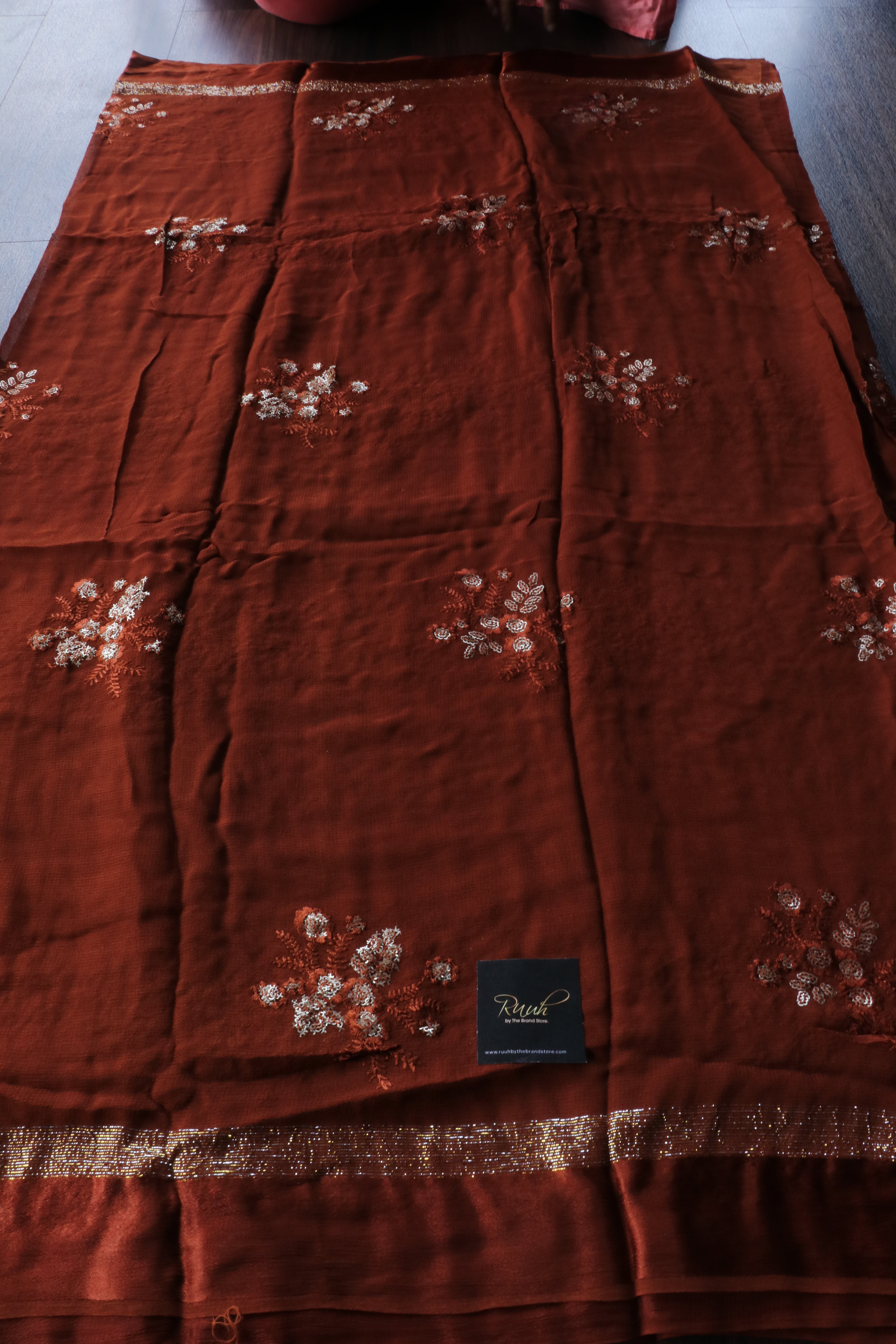 DARK BROWN VISCOSE GEORGETTE FLORAL DESIGN SAREE