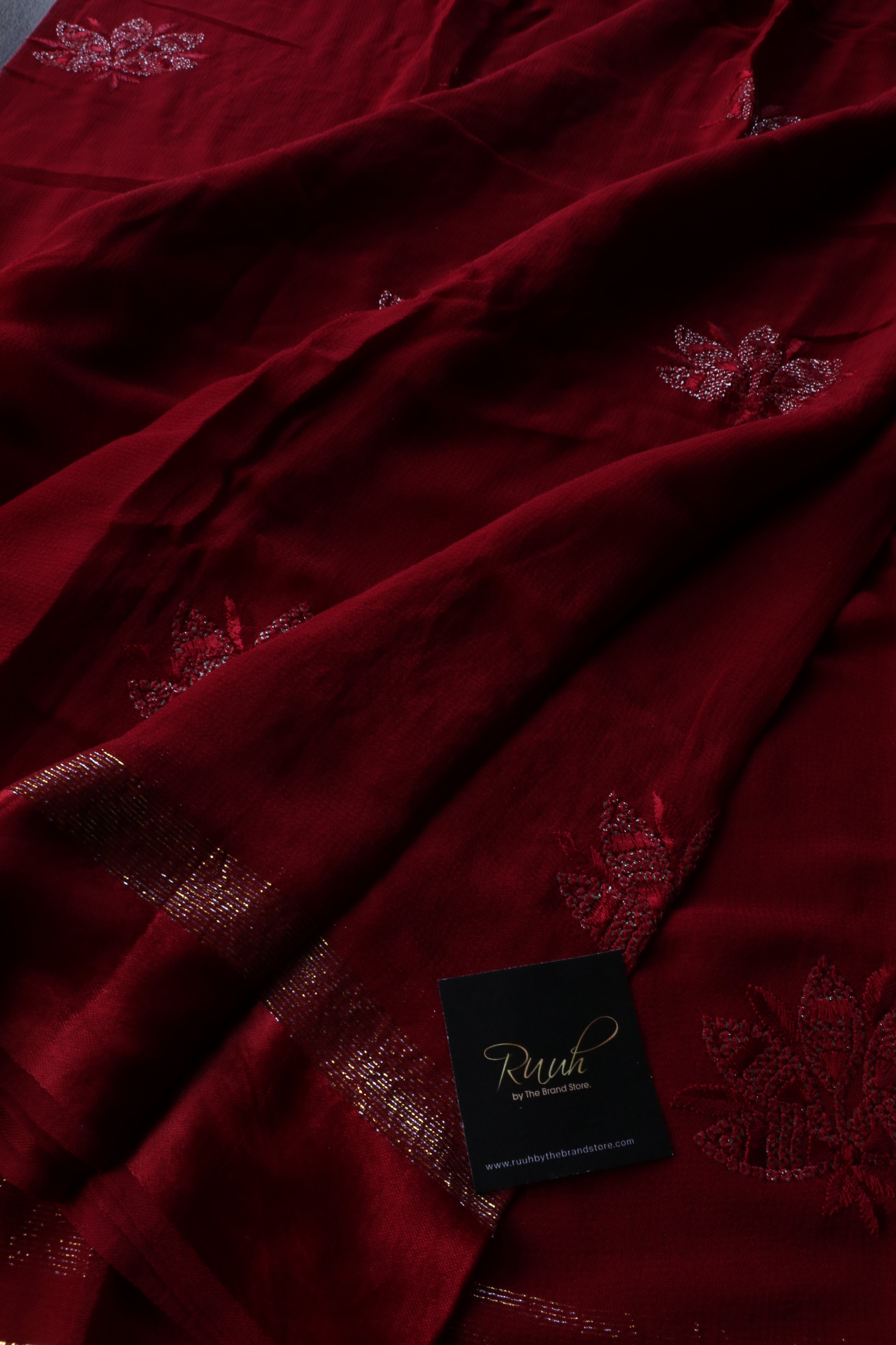 DEEP MAROON VISCOSE GEORGETTE LOTUS EMBROIDERY