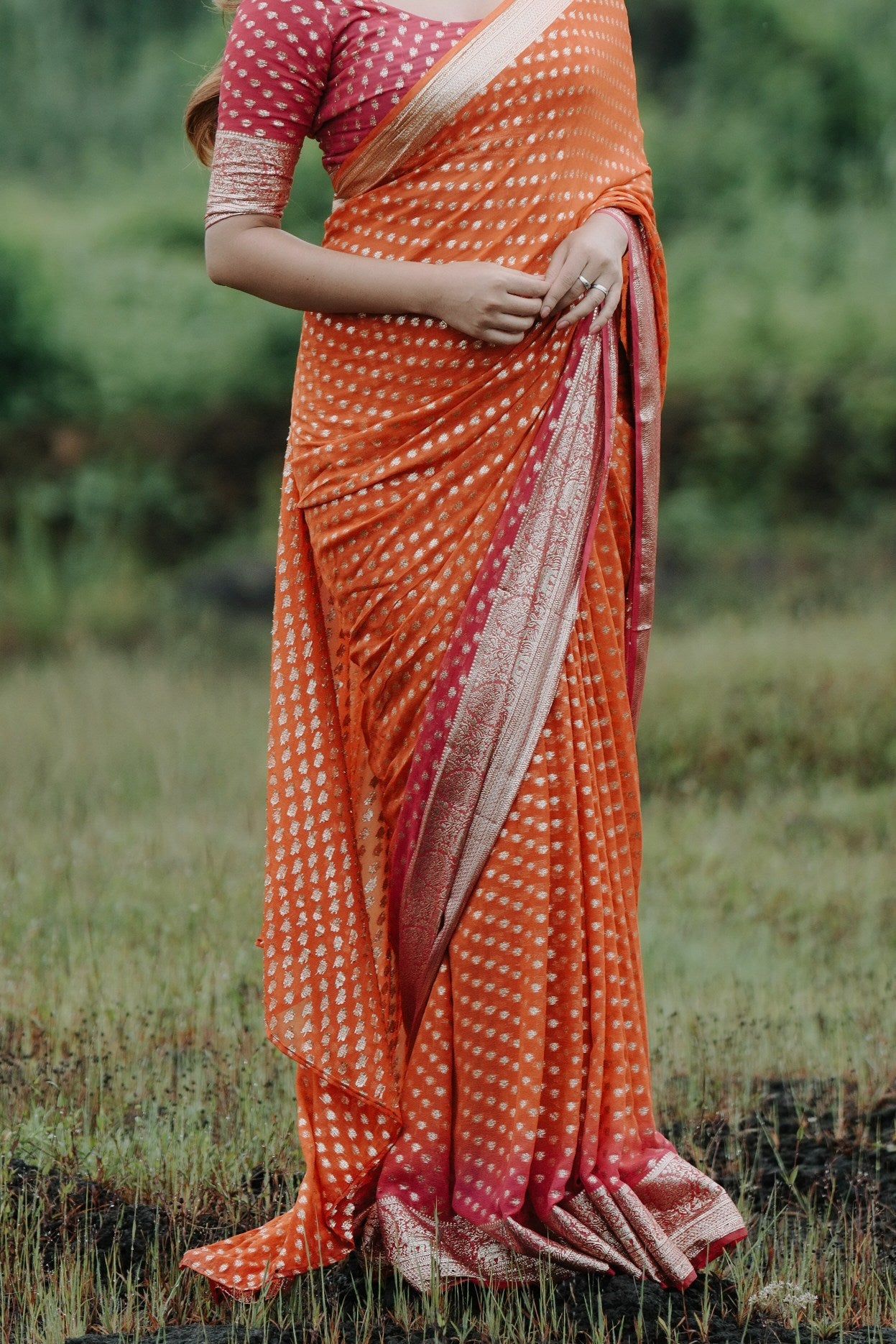 ORANGE-PINK VISCOSE GEORGETTE SAREE