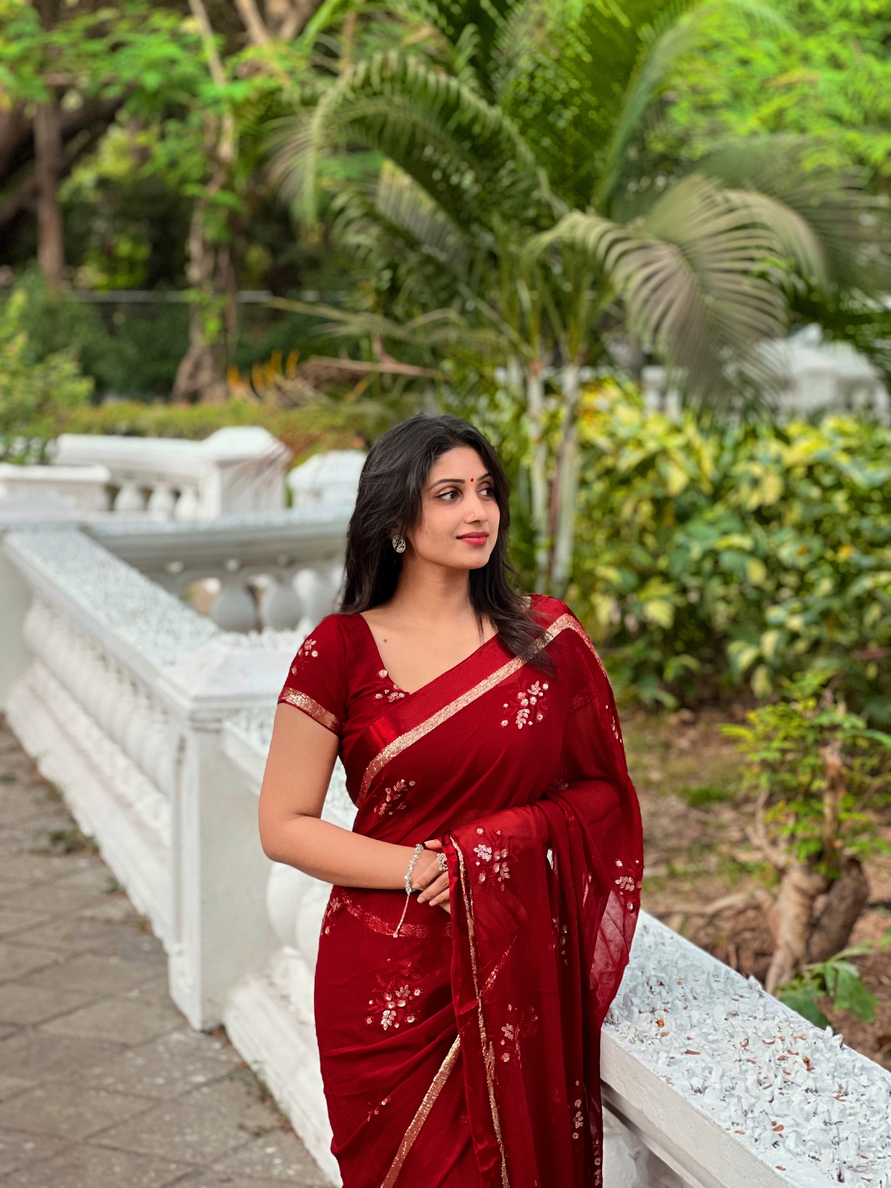 MAROON VISCOSE GEORGETTE WITH FLORAL EMBROIDERY- TBS26VG