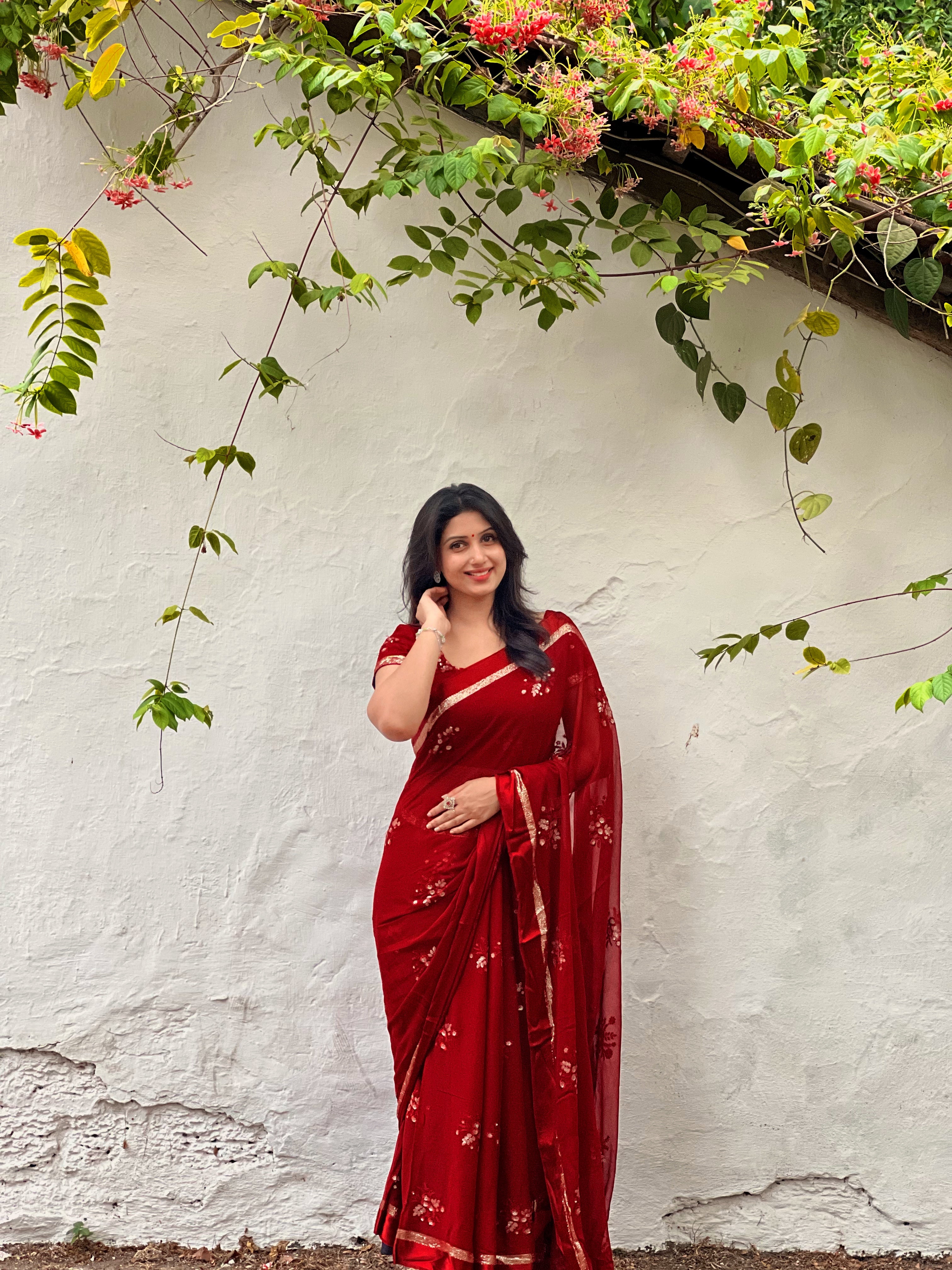 MAROON VISCOSE GEORGETTE WITH FLORAL EMBROIDERY- TBS26VG