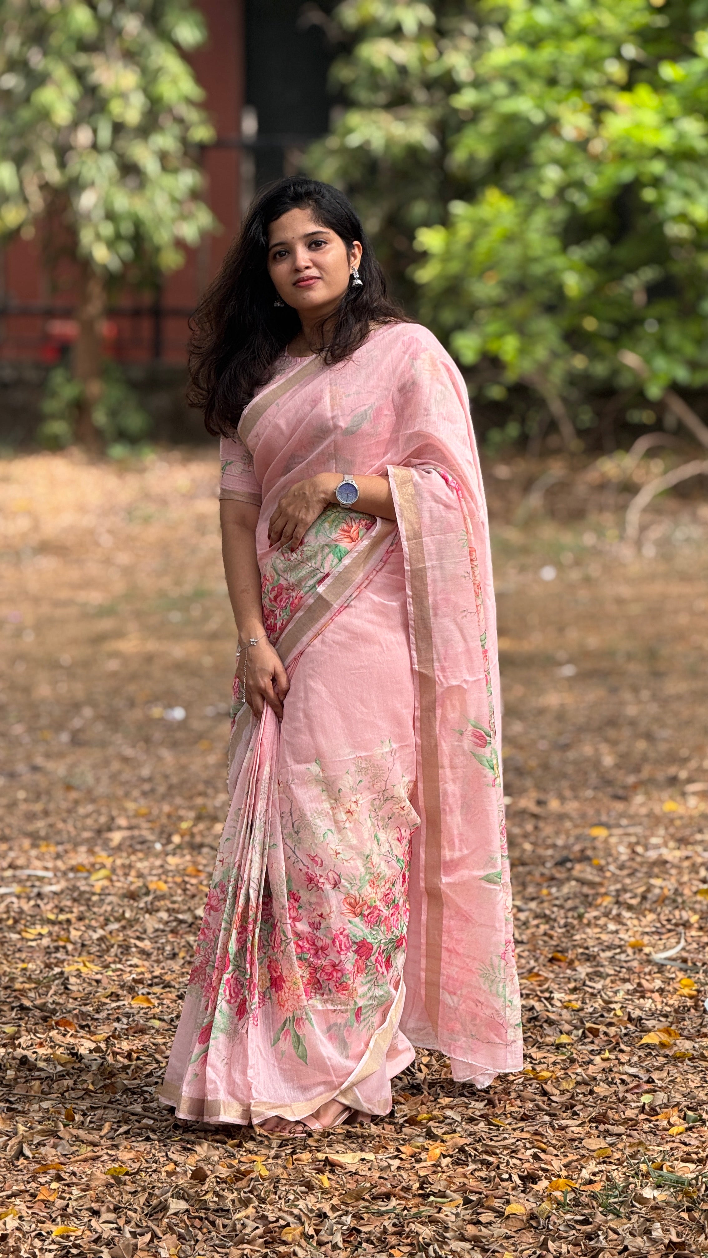 PEACH PINK FLORAL PRINTED SAREE