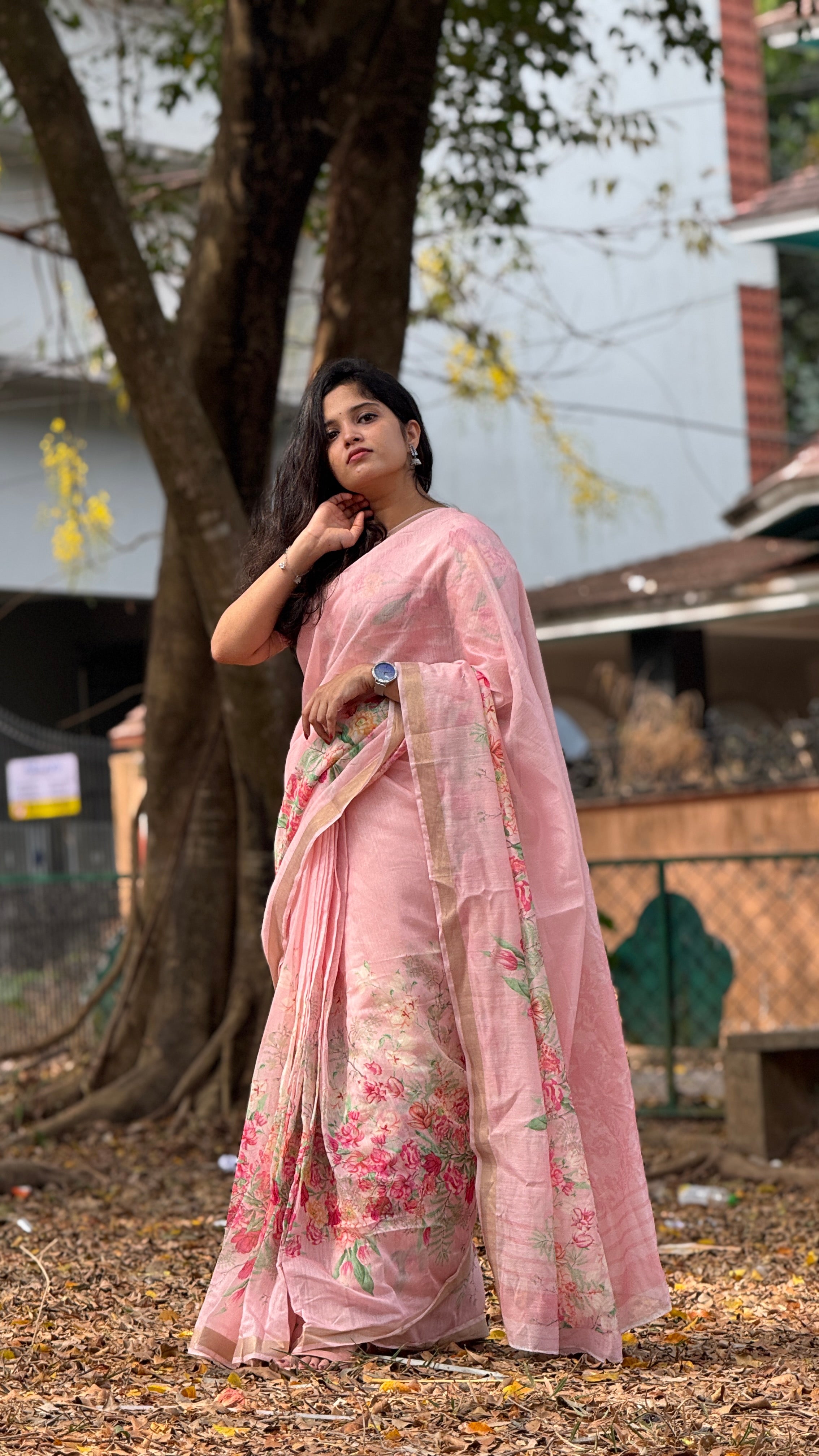 PEACH PINK FLORAL PRINTED SAREE