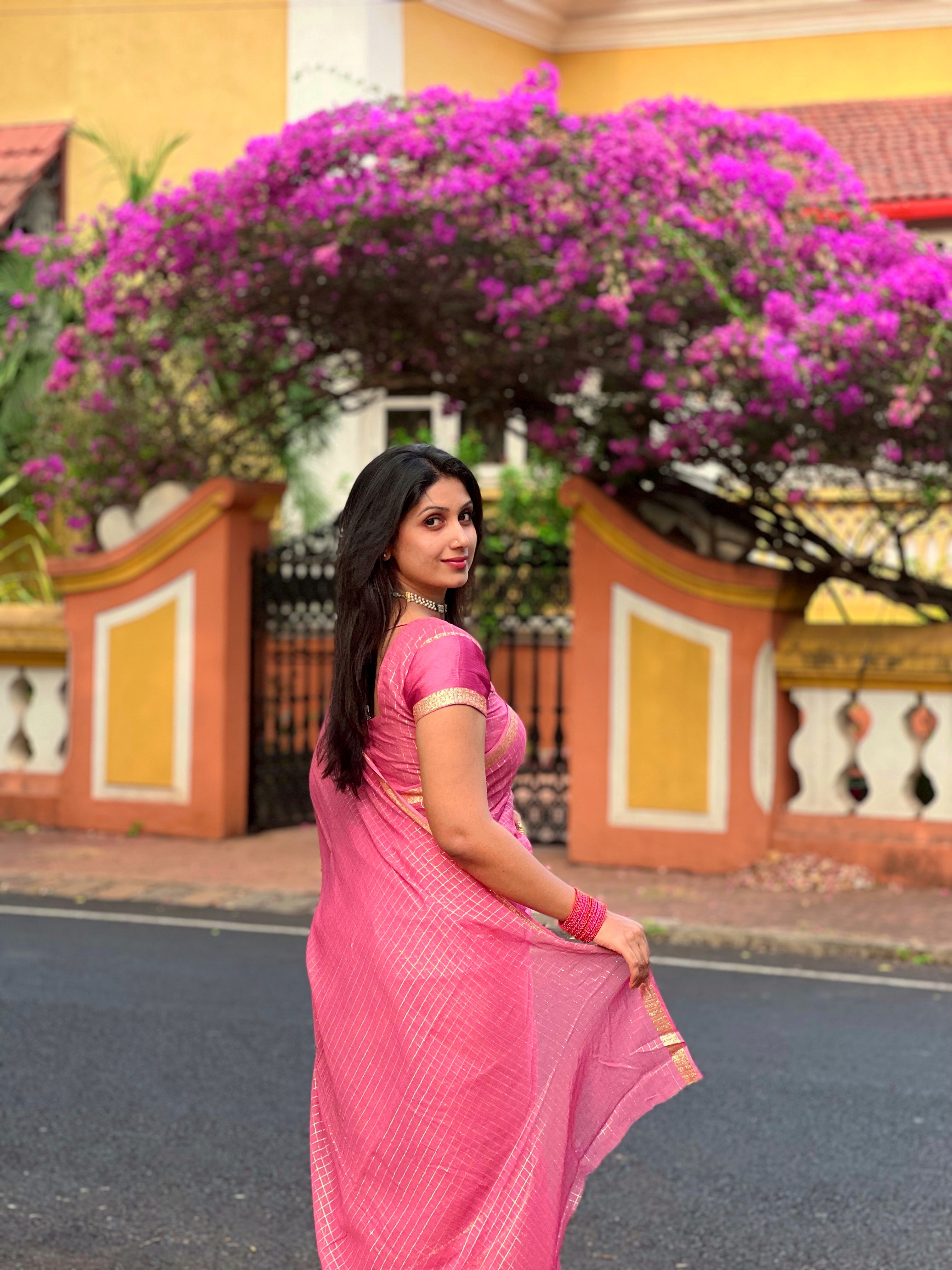 ONION PINK VISCOSE CHECK SAREE - TBS26VC - PREBOOKING
