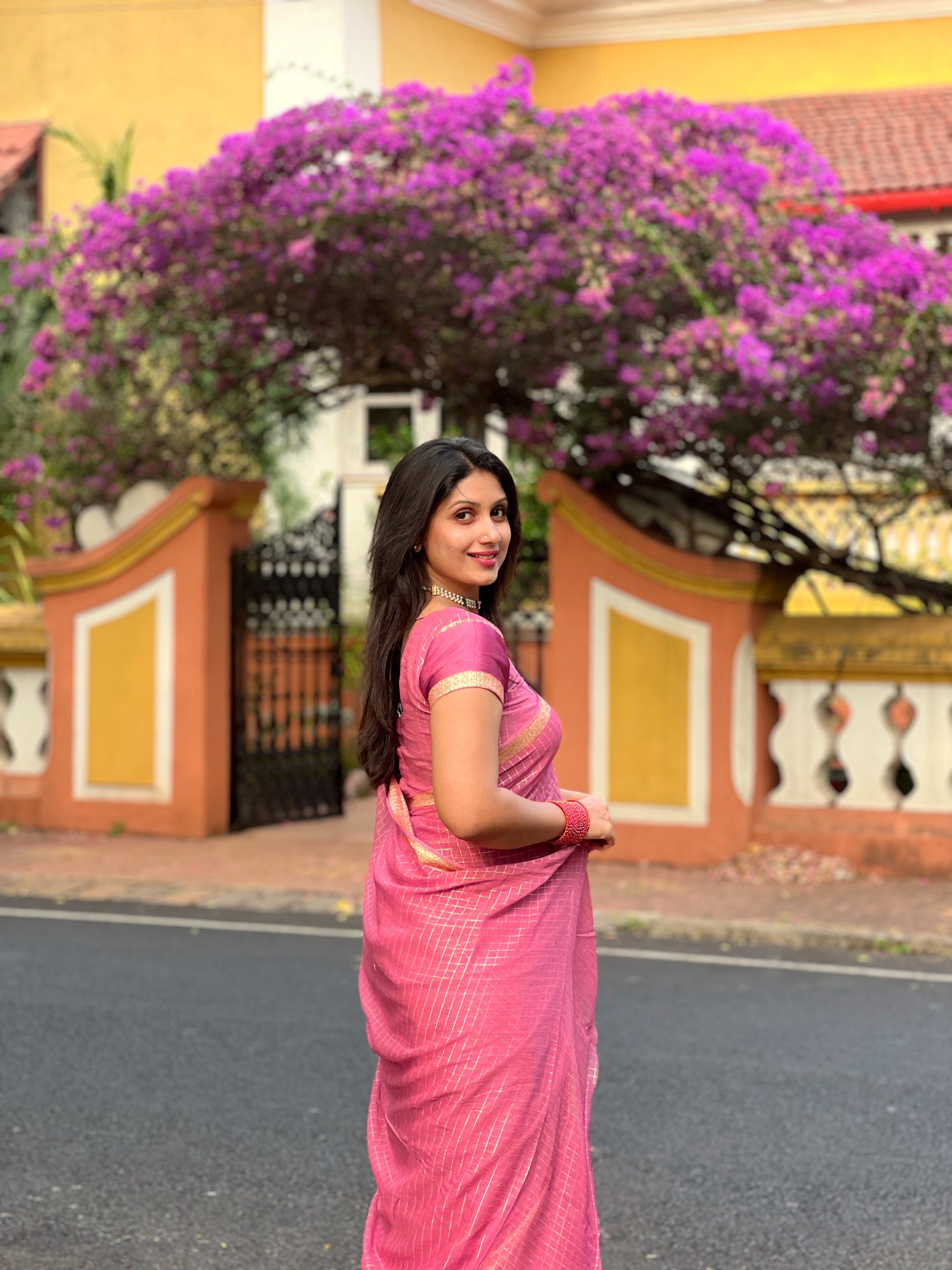 ONION PINK VISCOSE CHECK SAREE - TBS26VC - PREBOOKING
