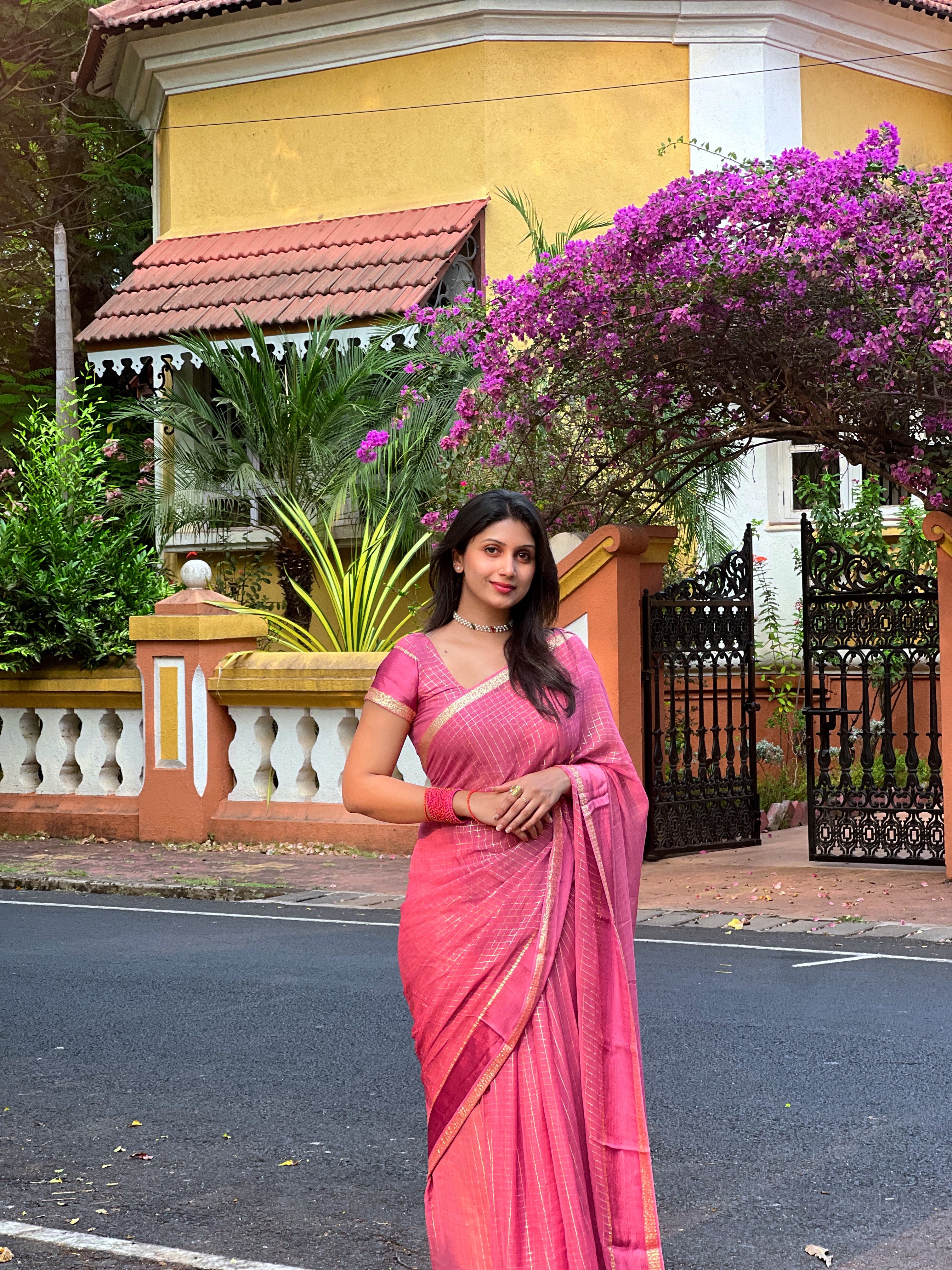 ONION PINK VISCOSE CHECK SAREE - TBS26VC - PREBOOKING