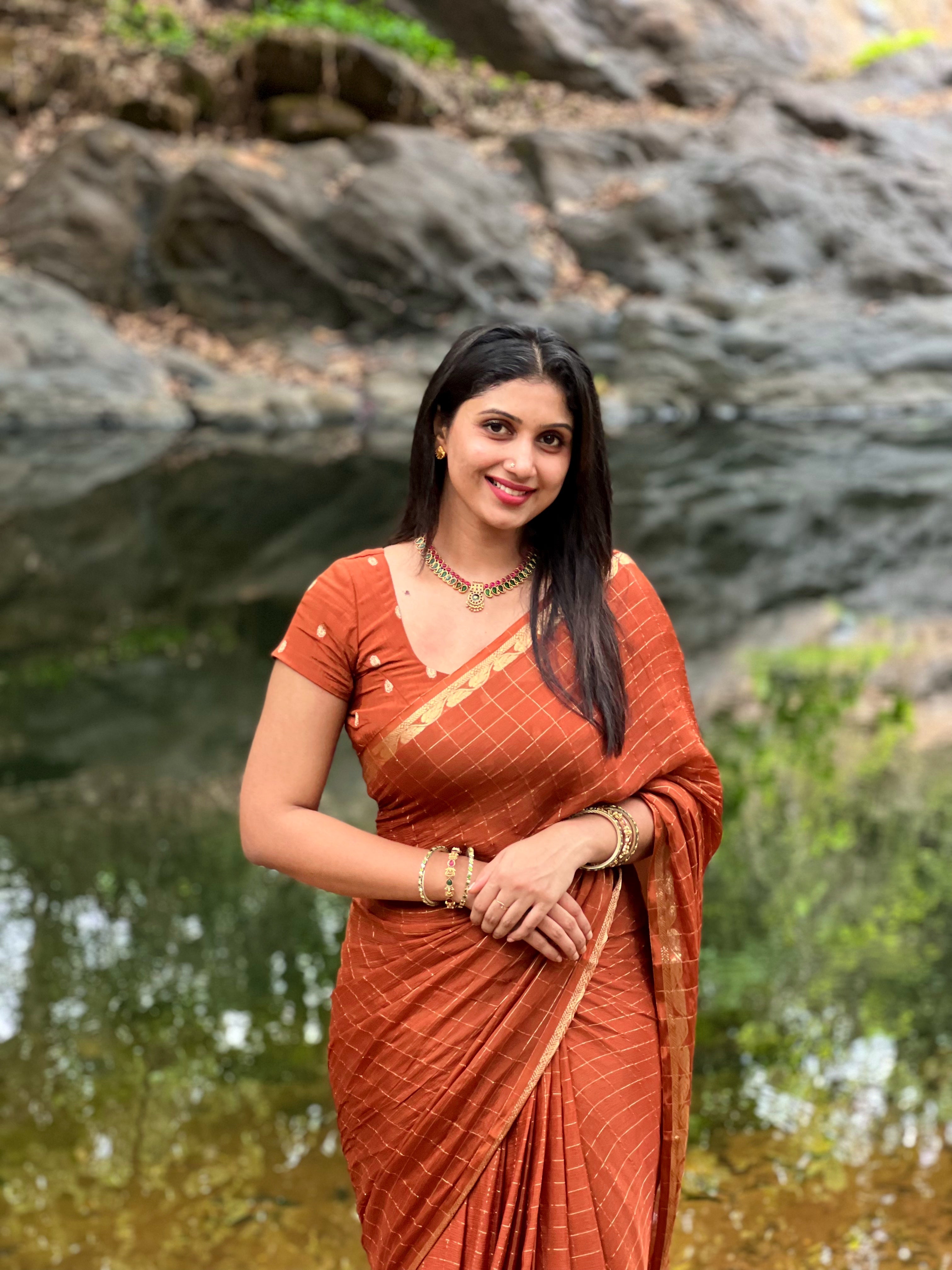 BROWN VISCOSE CHINNON SAREE- TBS26VC1- PREBOOK