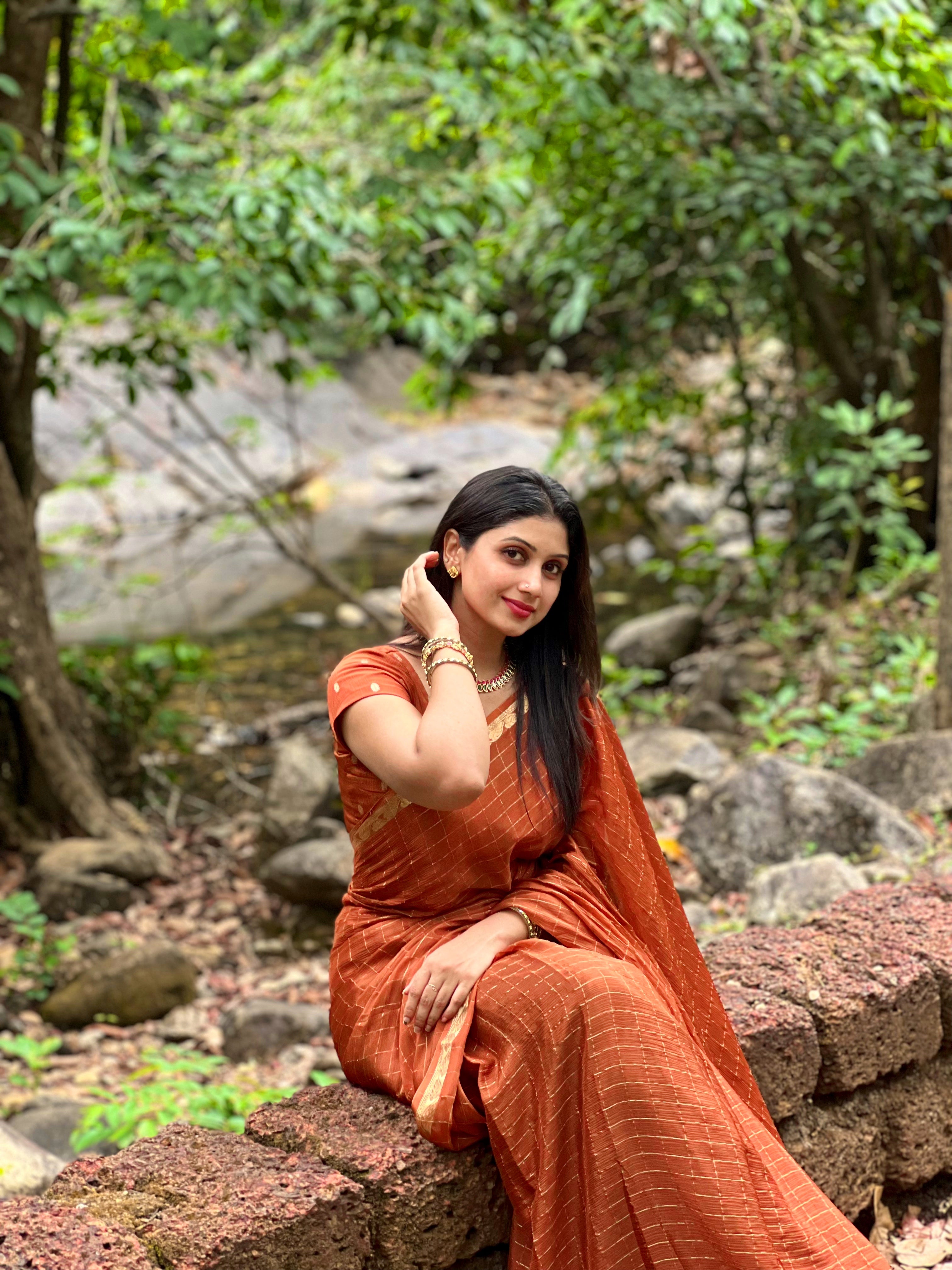 BROWN VISCOSE CHINNON SAREE- TBS26VC1- PREBOOK