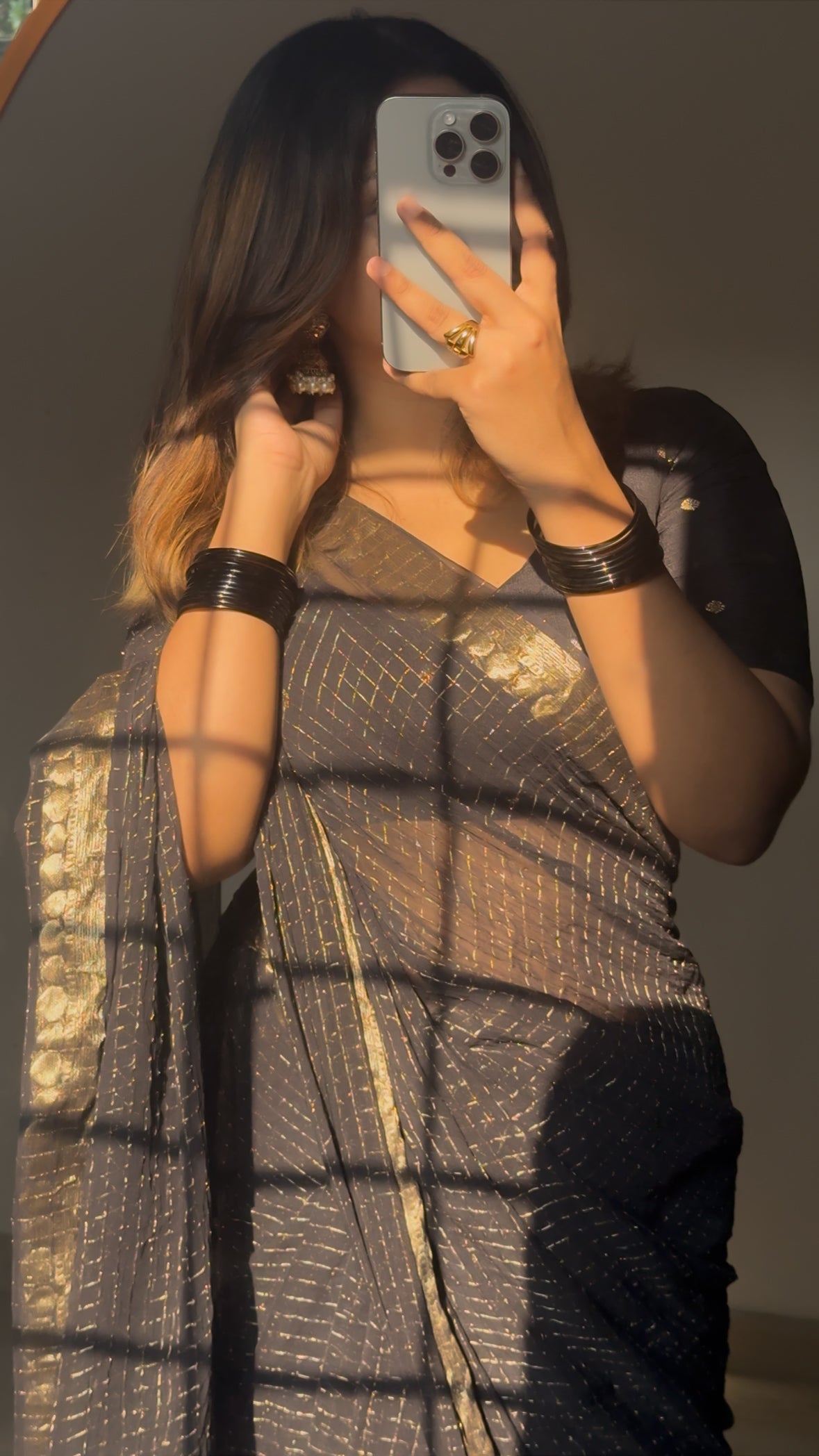 BLACK VISCOSE CHECK SAREE