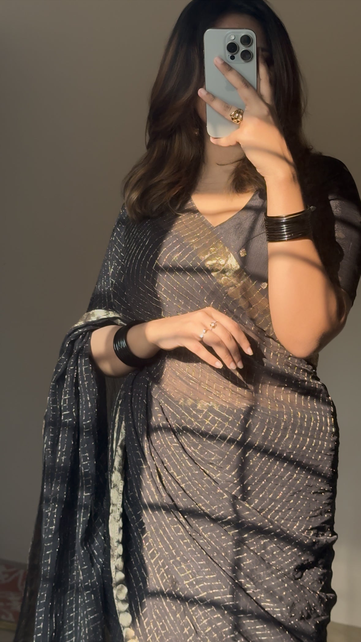 BLACK VISCOSE CHECK SAREE- TBS26VC1