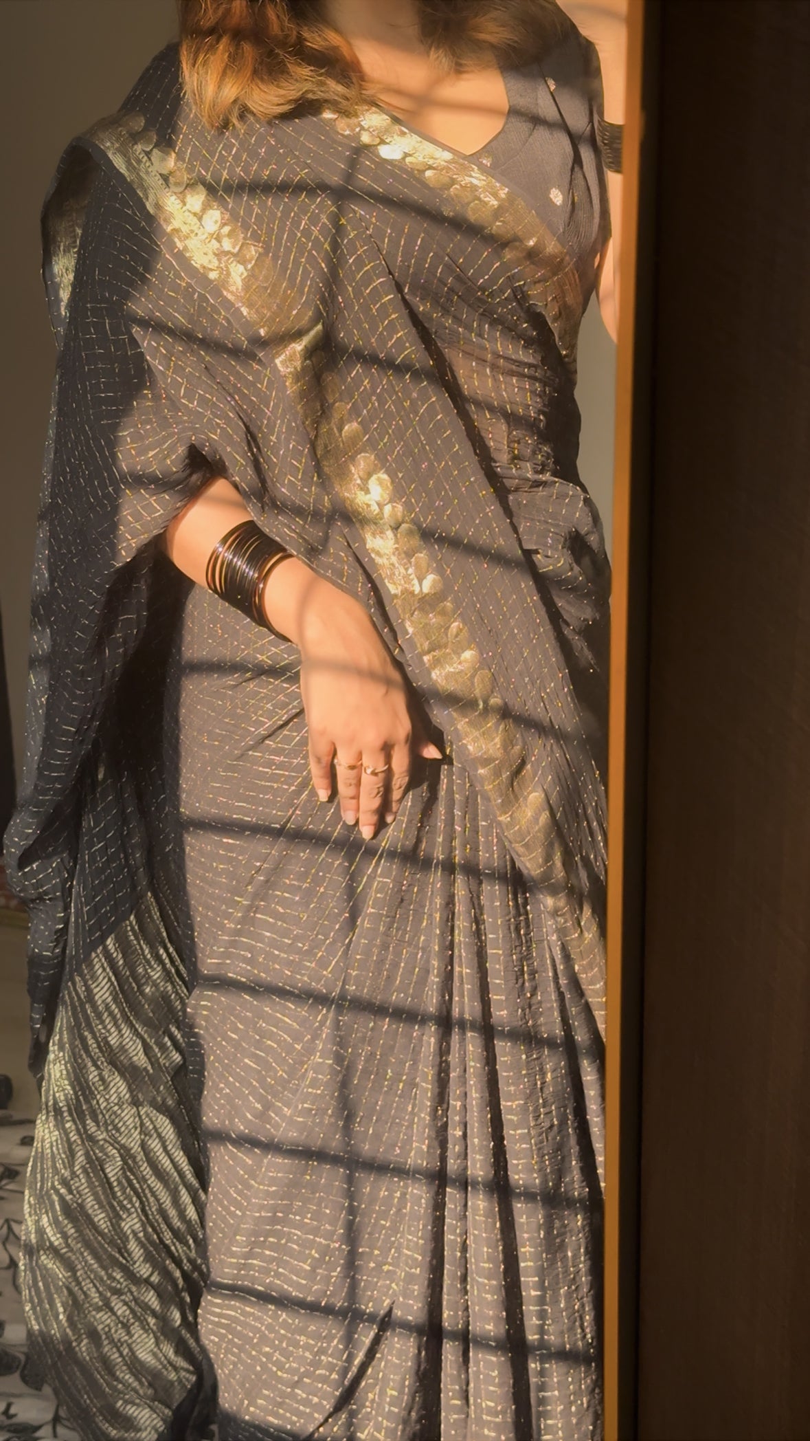 BLACK VISCOSE CHECK SAREE- TBS26VC1
