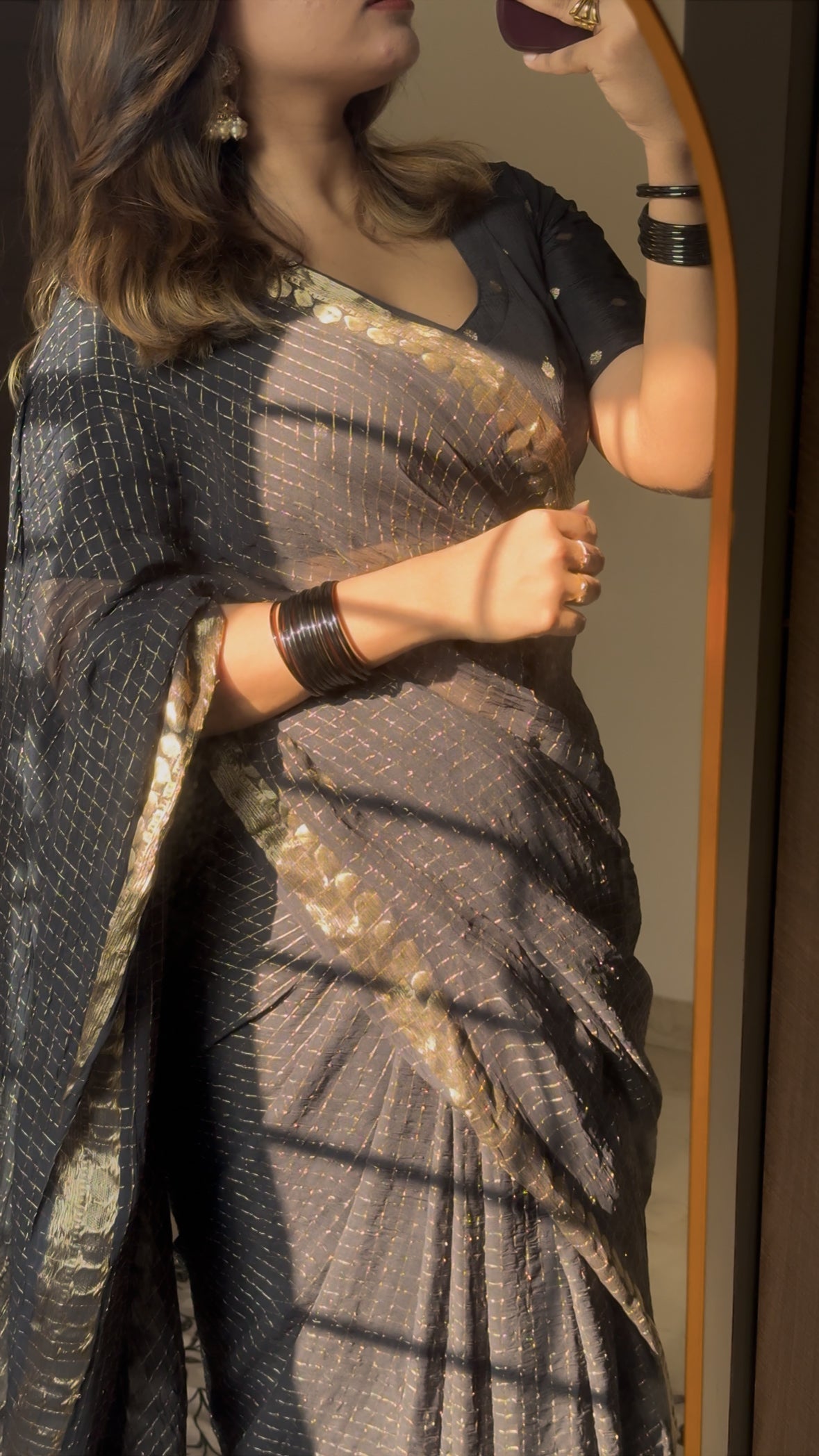 BLACK VISCOSE CHECK SAREE- TBS26VC1