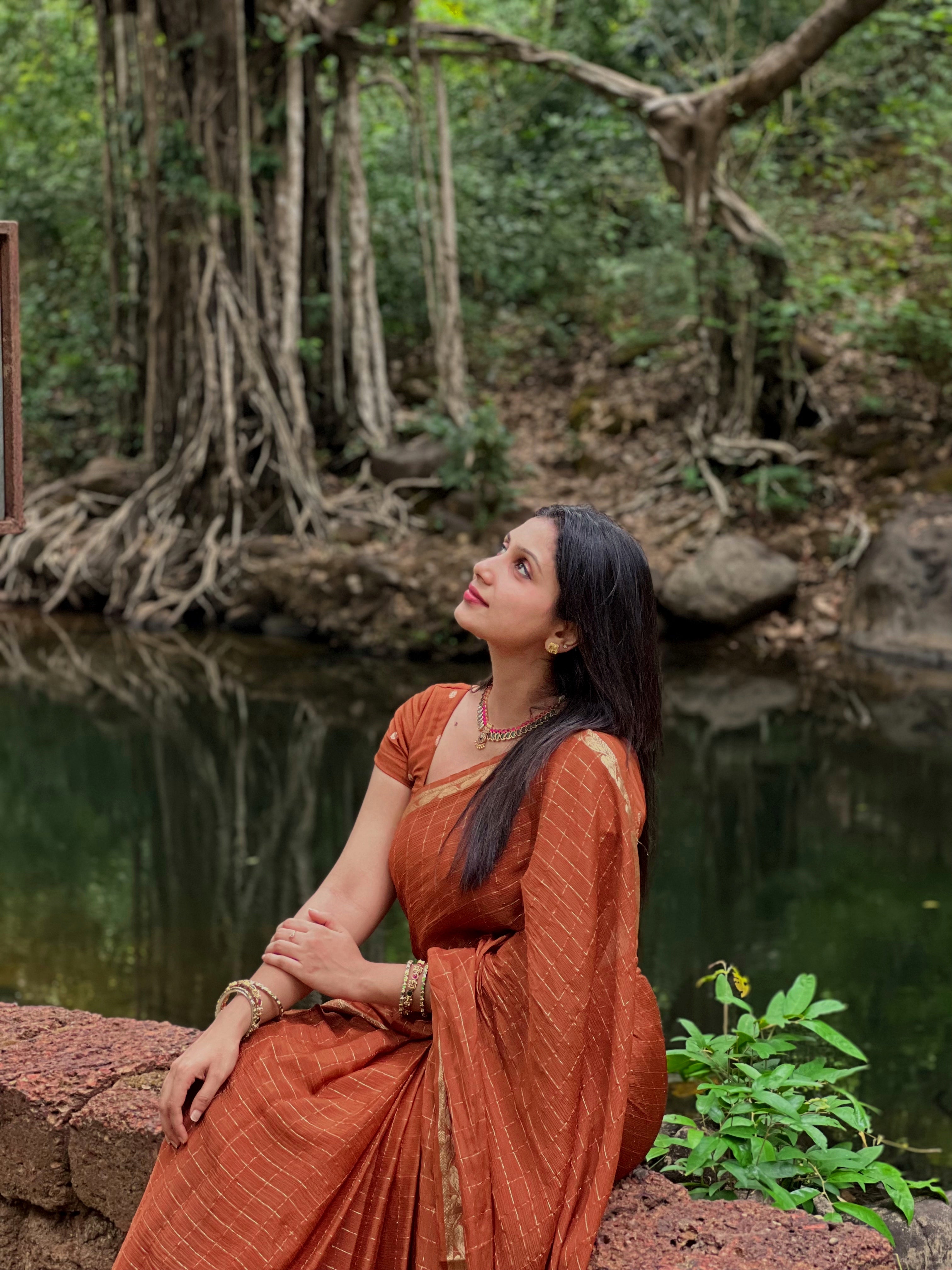 BROWN VISCOSE CHINNON SAREE- TBS26VC1- PREBOOK