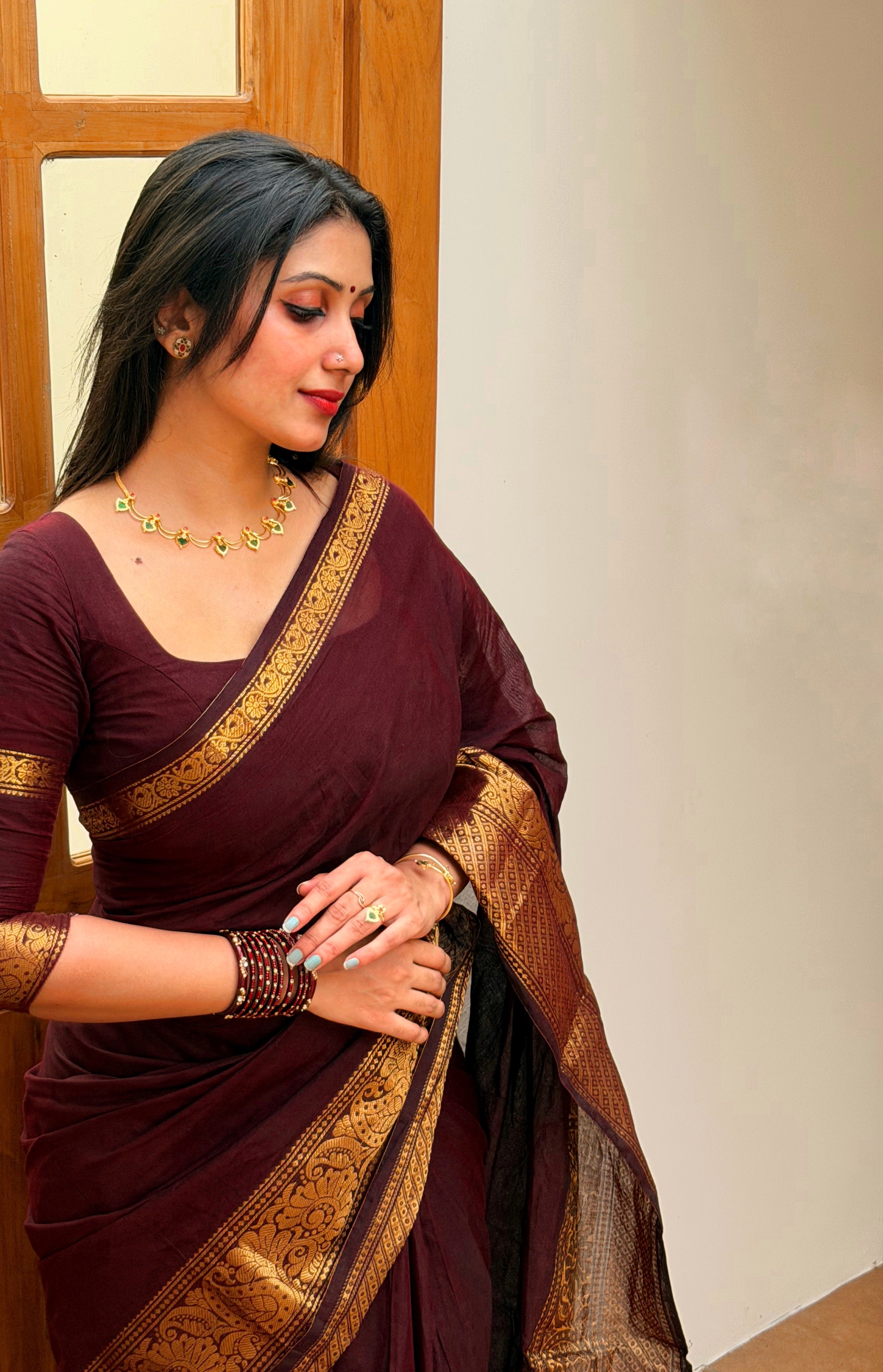 KANCHI COTTON SAREE - COFFEE BROWN TBS26KCB