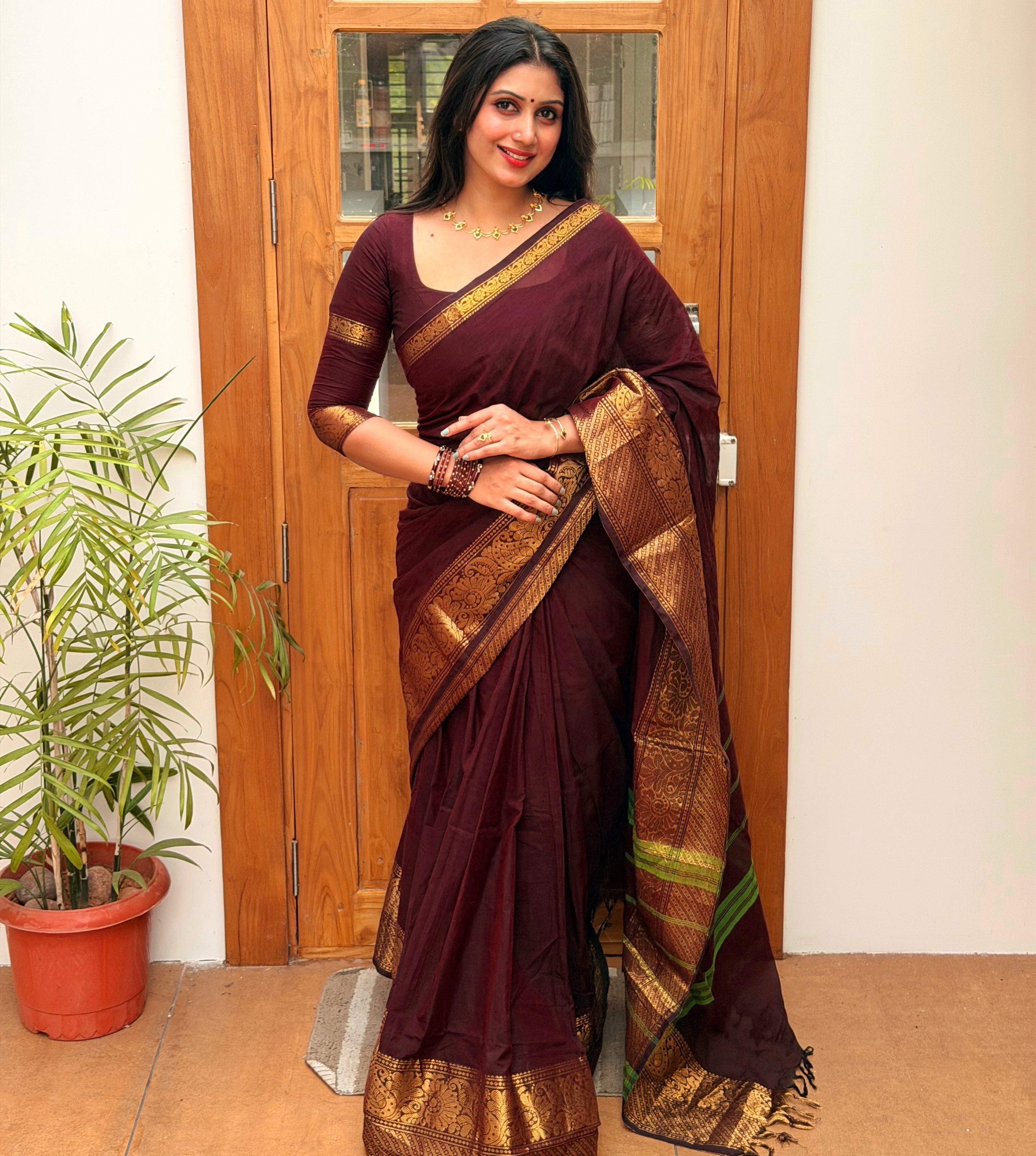KANCHI COTTON SAREE - COFFEE BROWN TBS26KCB
