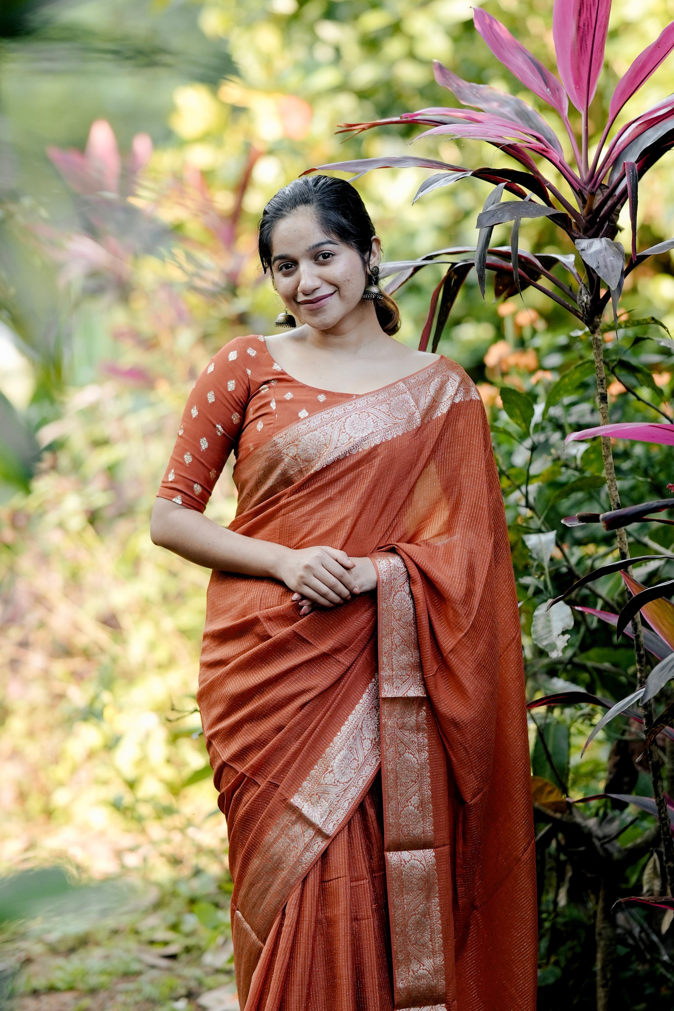 RUST ORANGE VISCOSE CHINNON WITH ZARI STRIPES