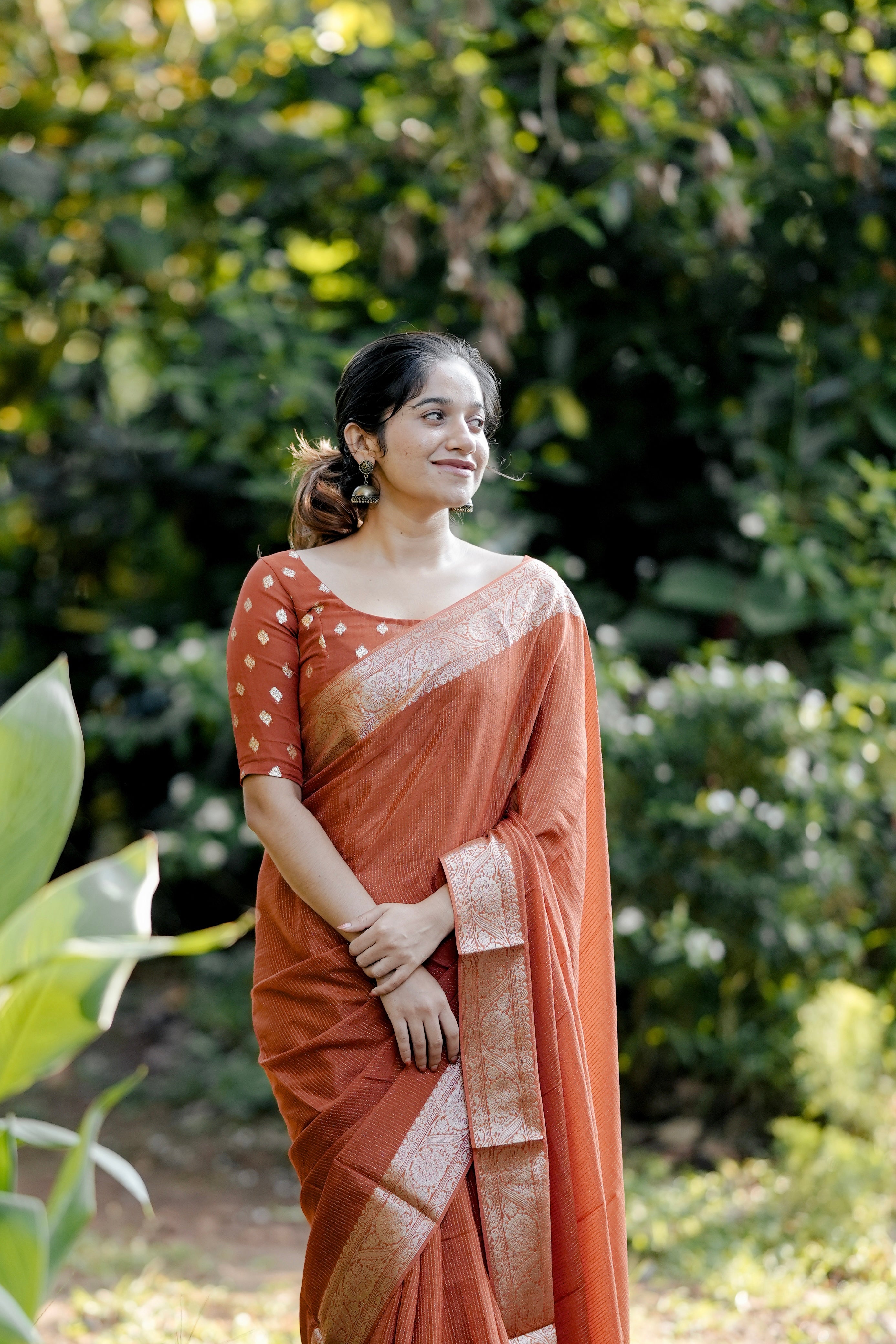 RUST ORANGE VISCOSE CHINNON WITH ZARI STRIPES