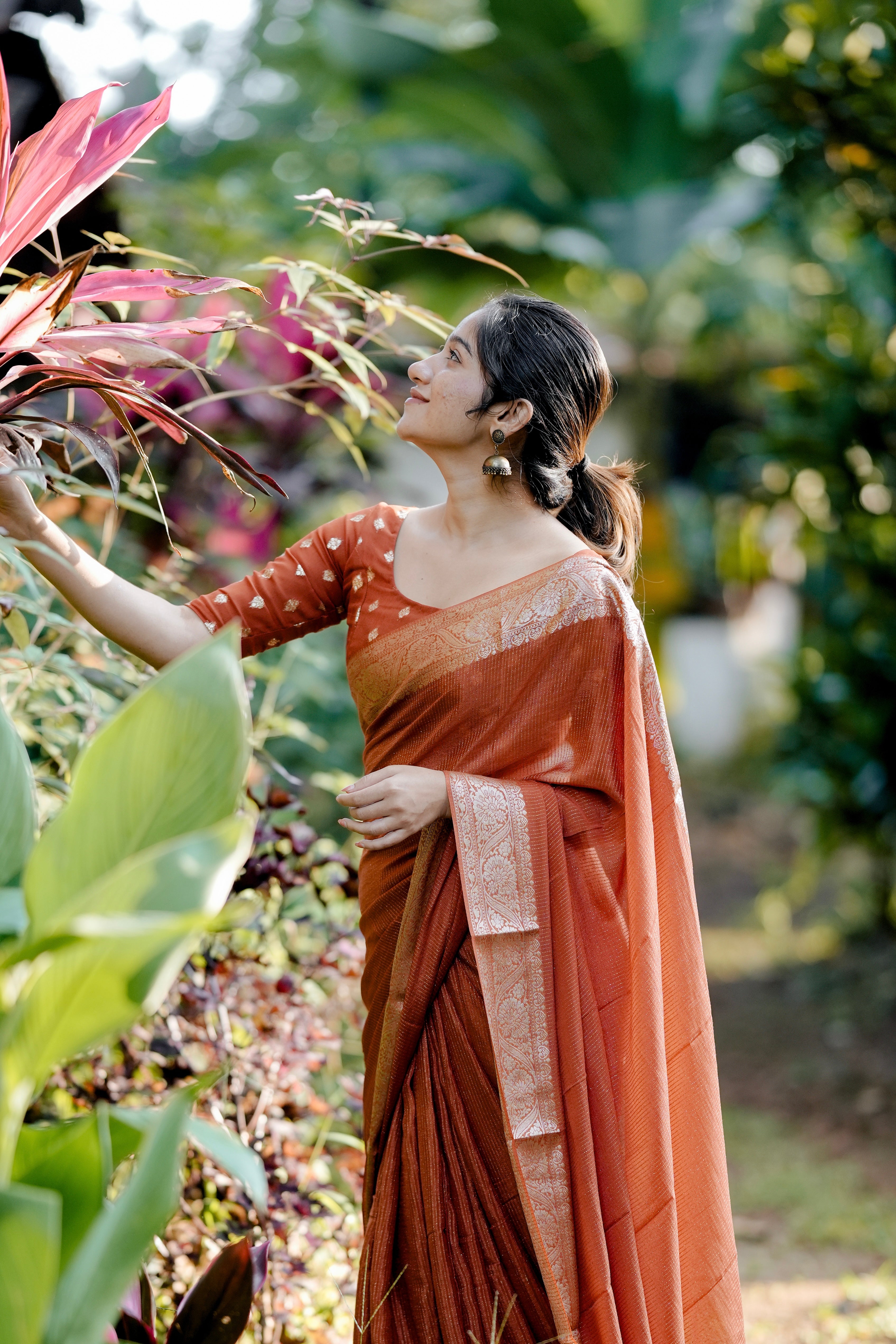 RUST ORANGE VISCOSE CHINNON WITH ZARI STRIPES