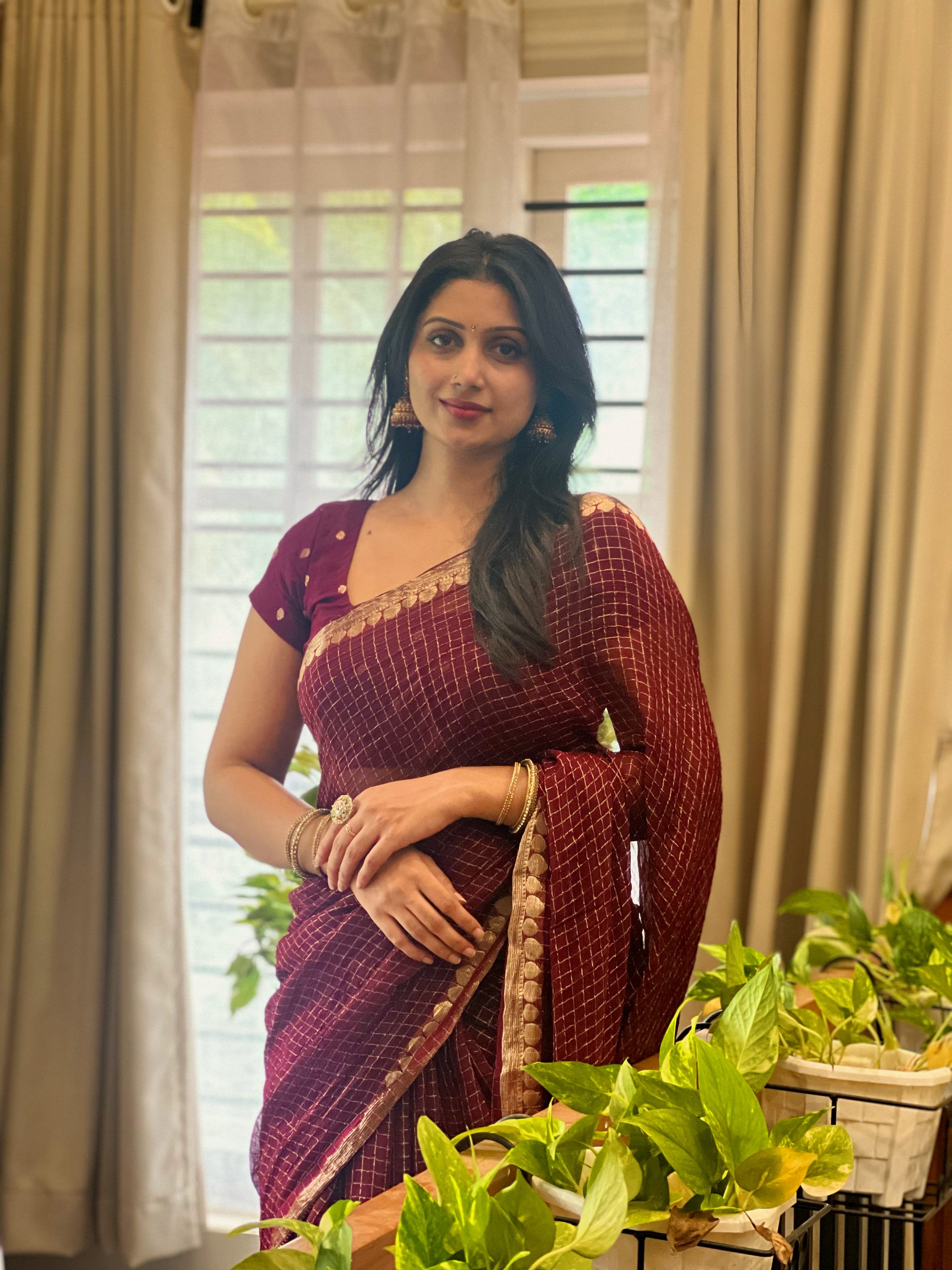 WINE VISCOSE CHECK SAREE-TBS26VC1- Prebook
