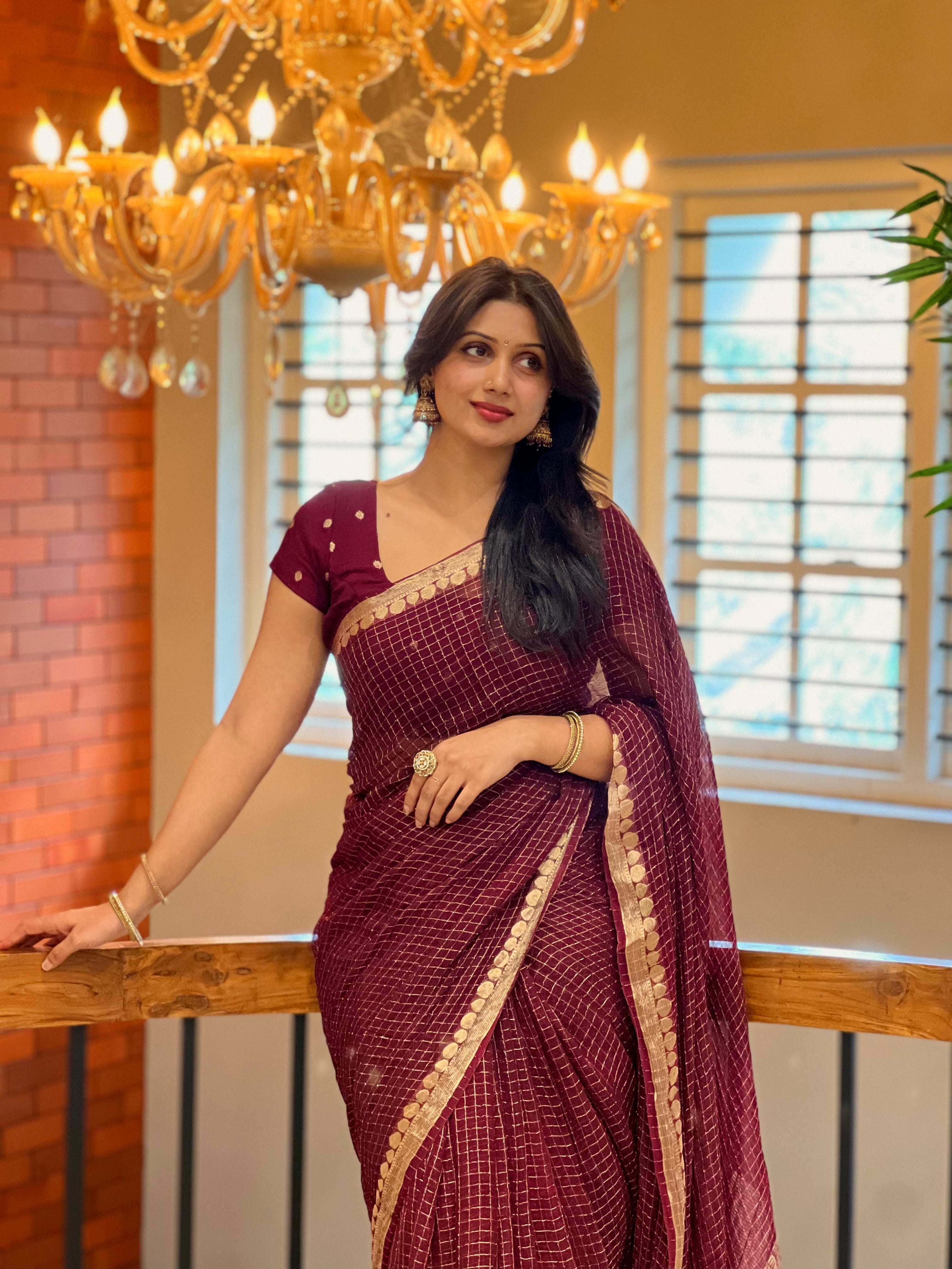 WINE VISCOSE CHECK SAREE-TBS26VC1- Prebook
