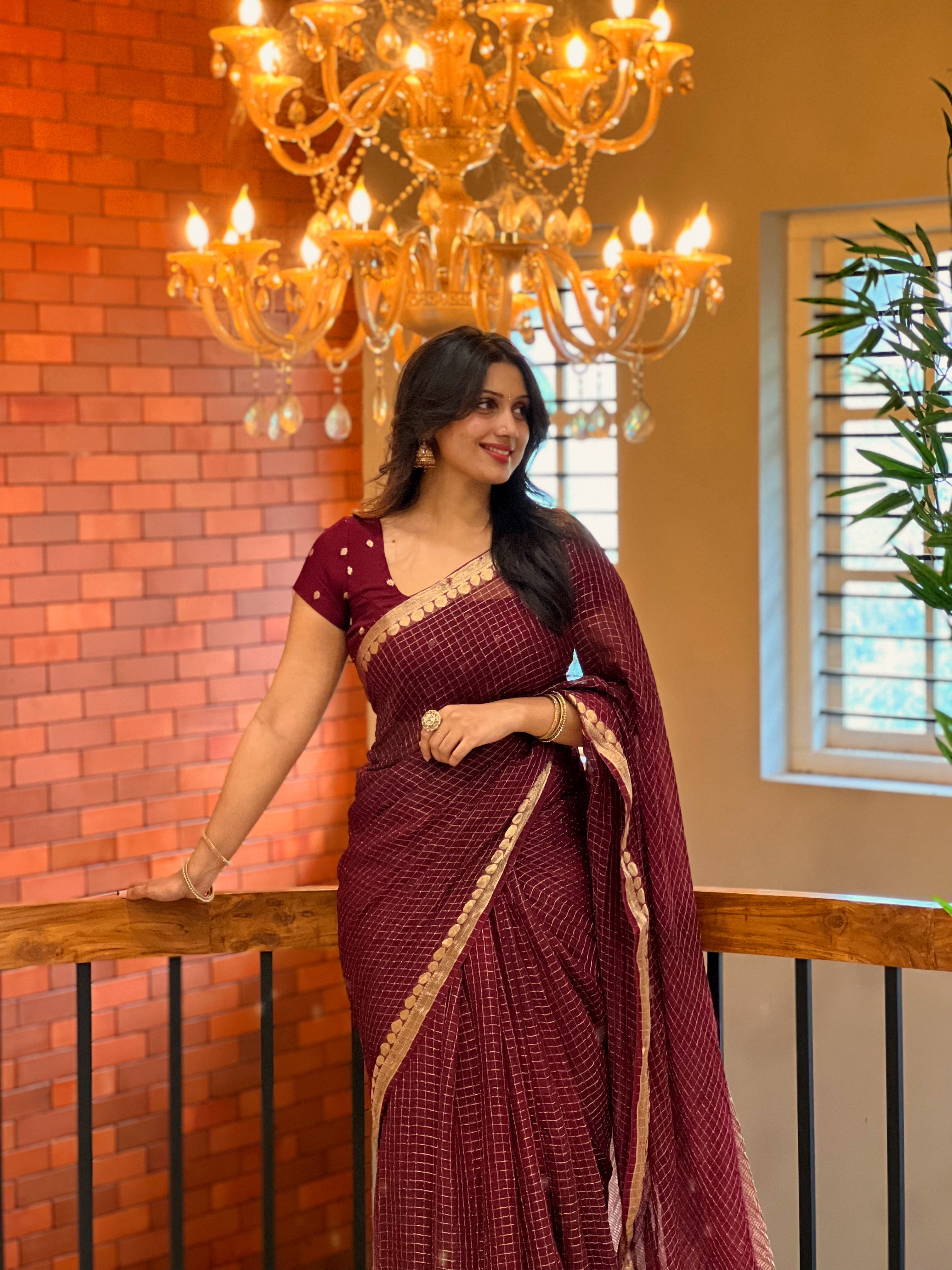 WINE VISCOSE CHECK SAREE-TBS26VC1- Prebook