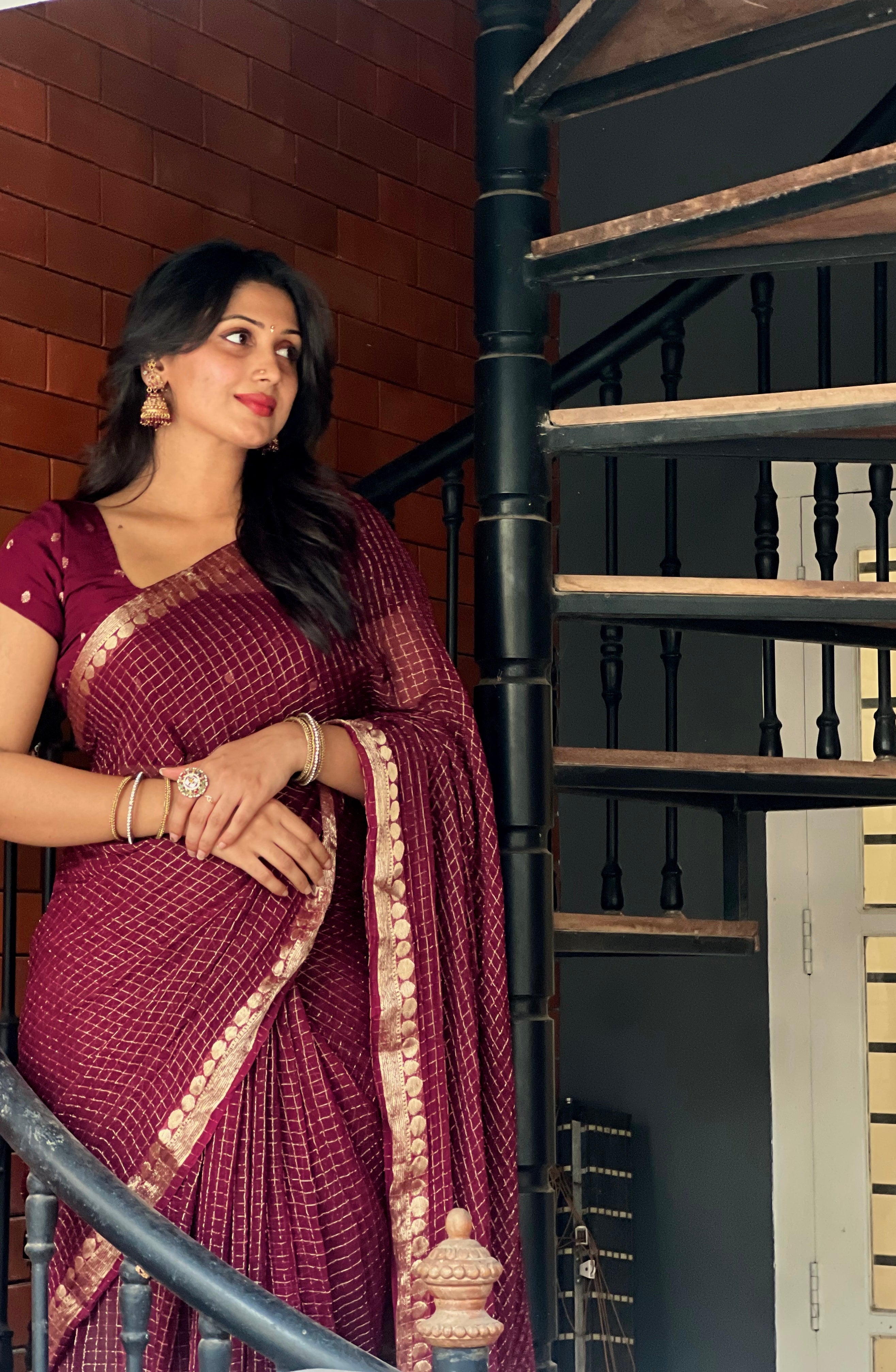 WINE VISCOSE CHECK SAREE-TBS26VC1- Prebook