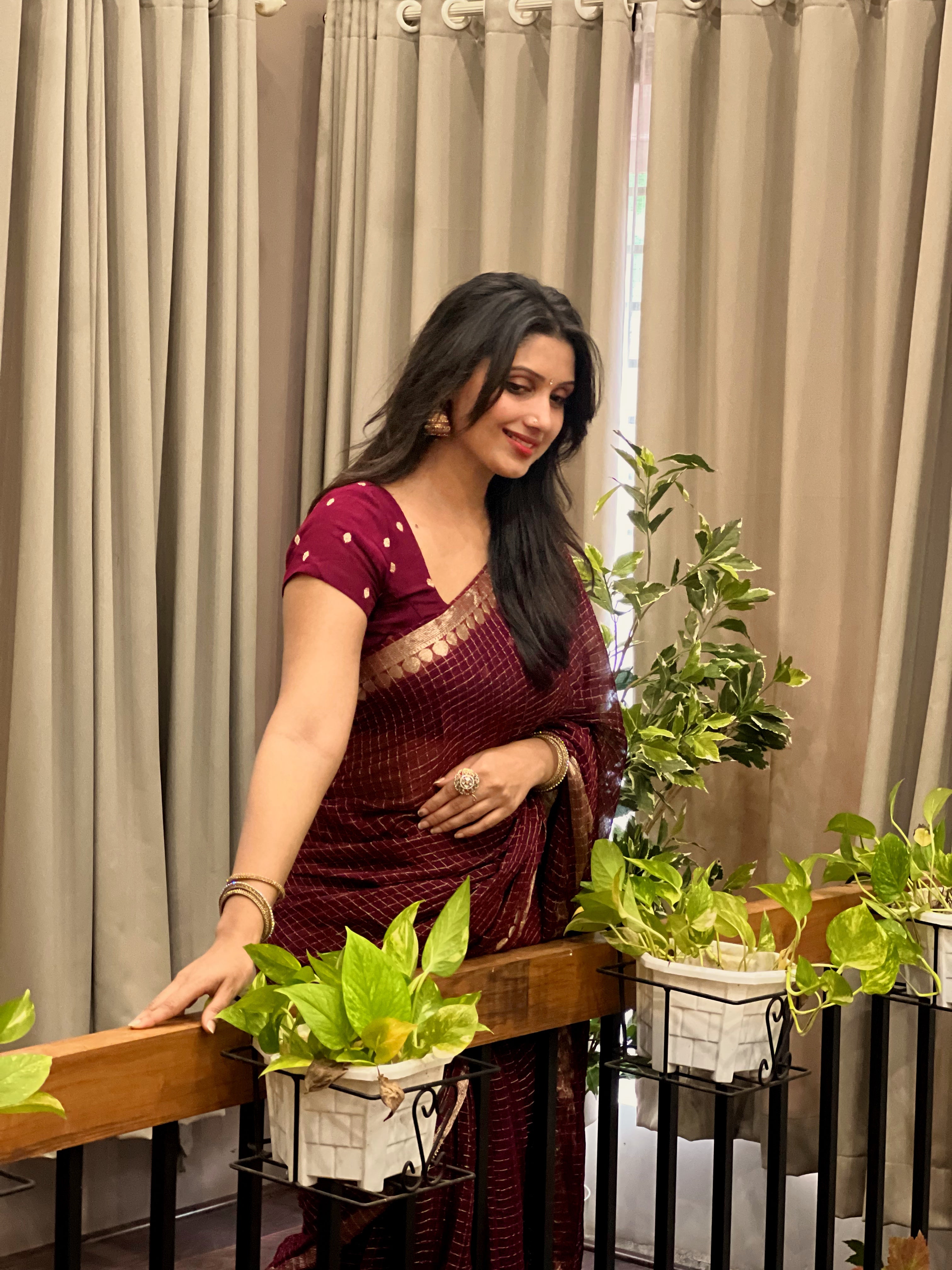 WINE VISCOSE CHECK SAREE-TBS26VC1- Prebook