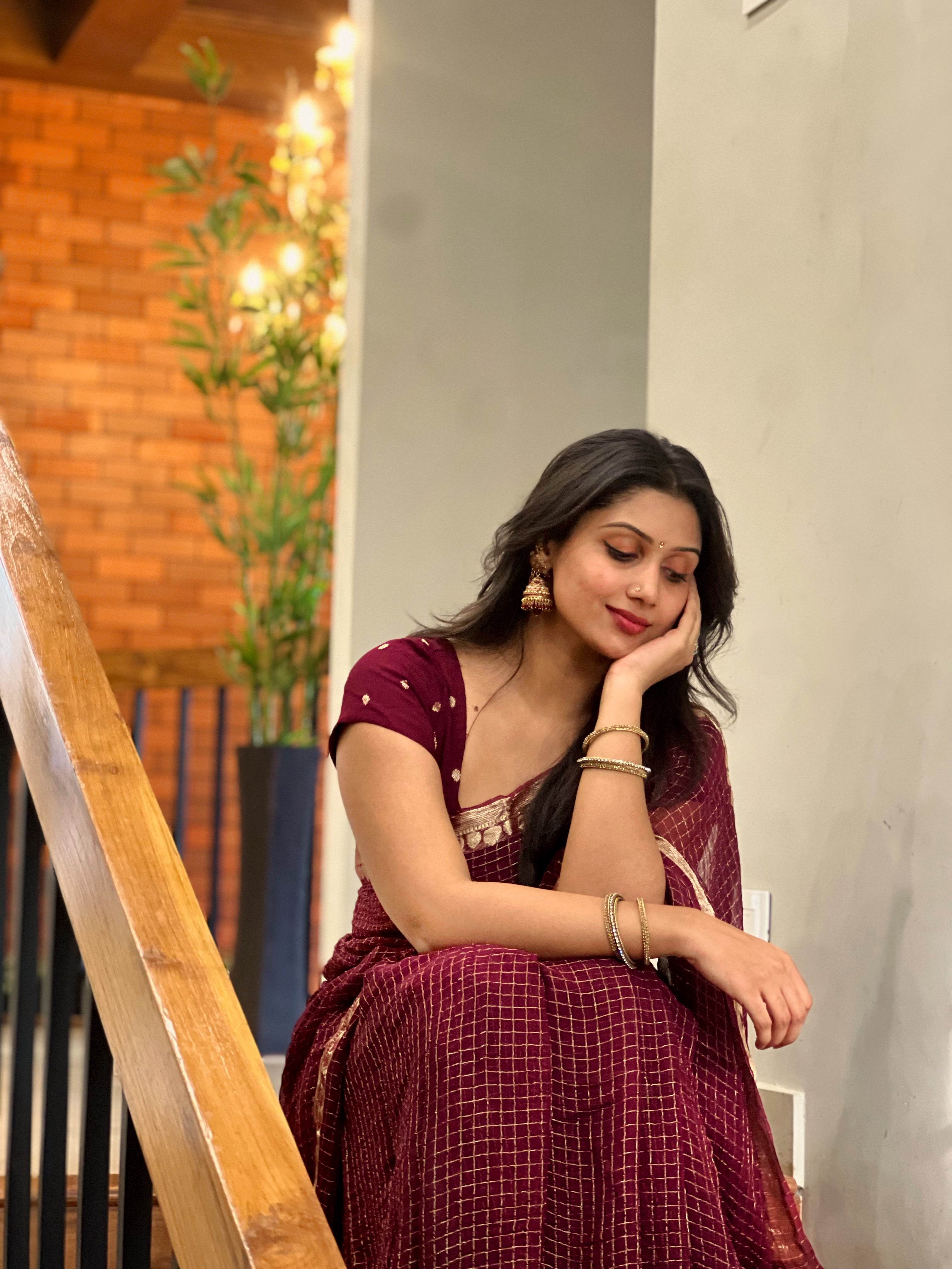 WINE VISCOSE CHECK SAREE-TBS26VC1- Prebook