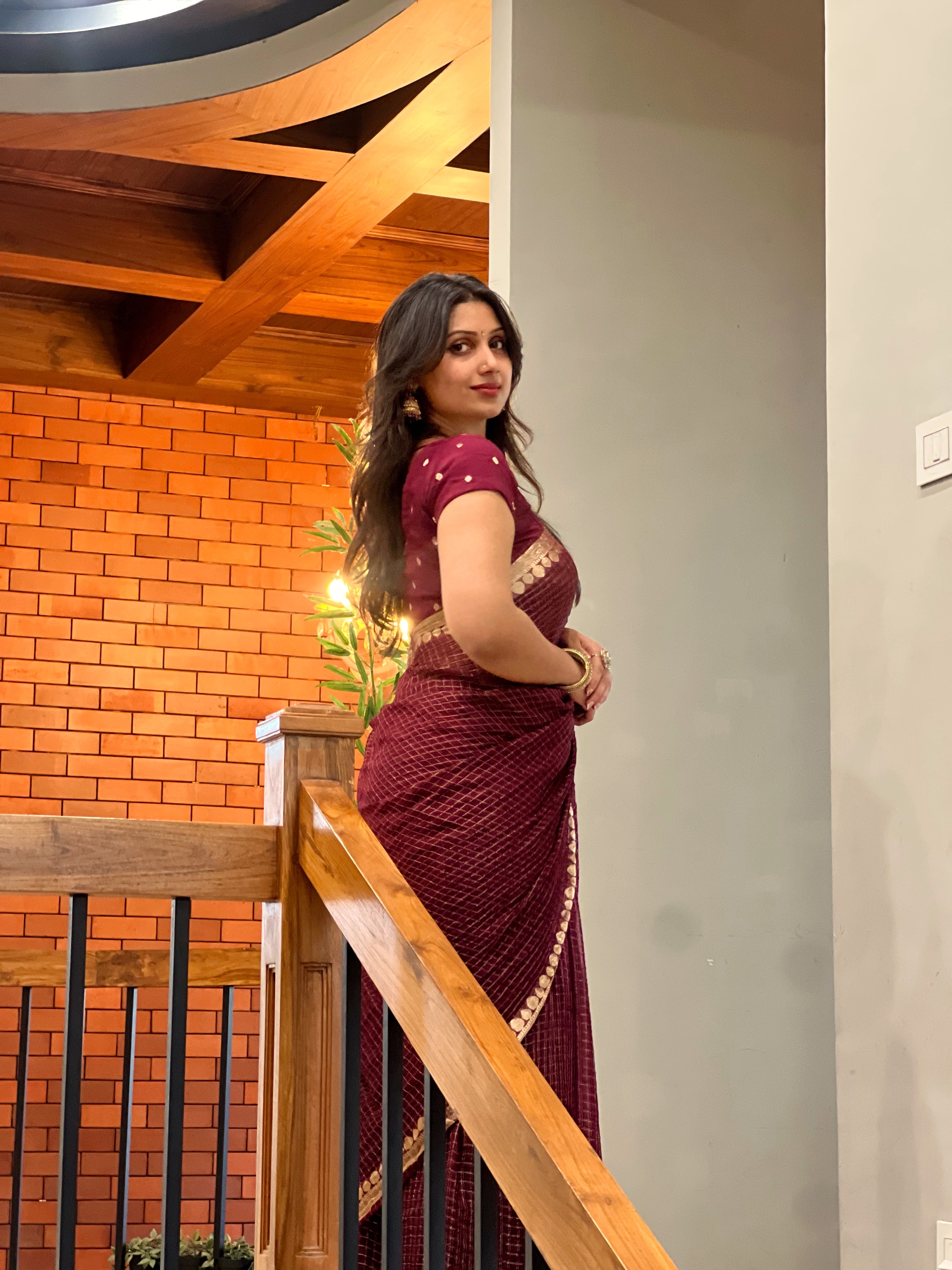 WINE VISCOSE CHECK SAREE-TBS26VC1- Prebook
