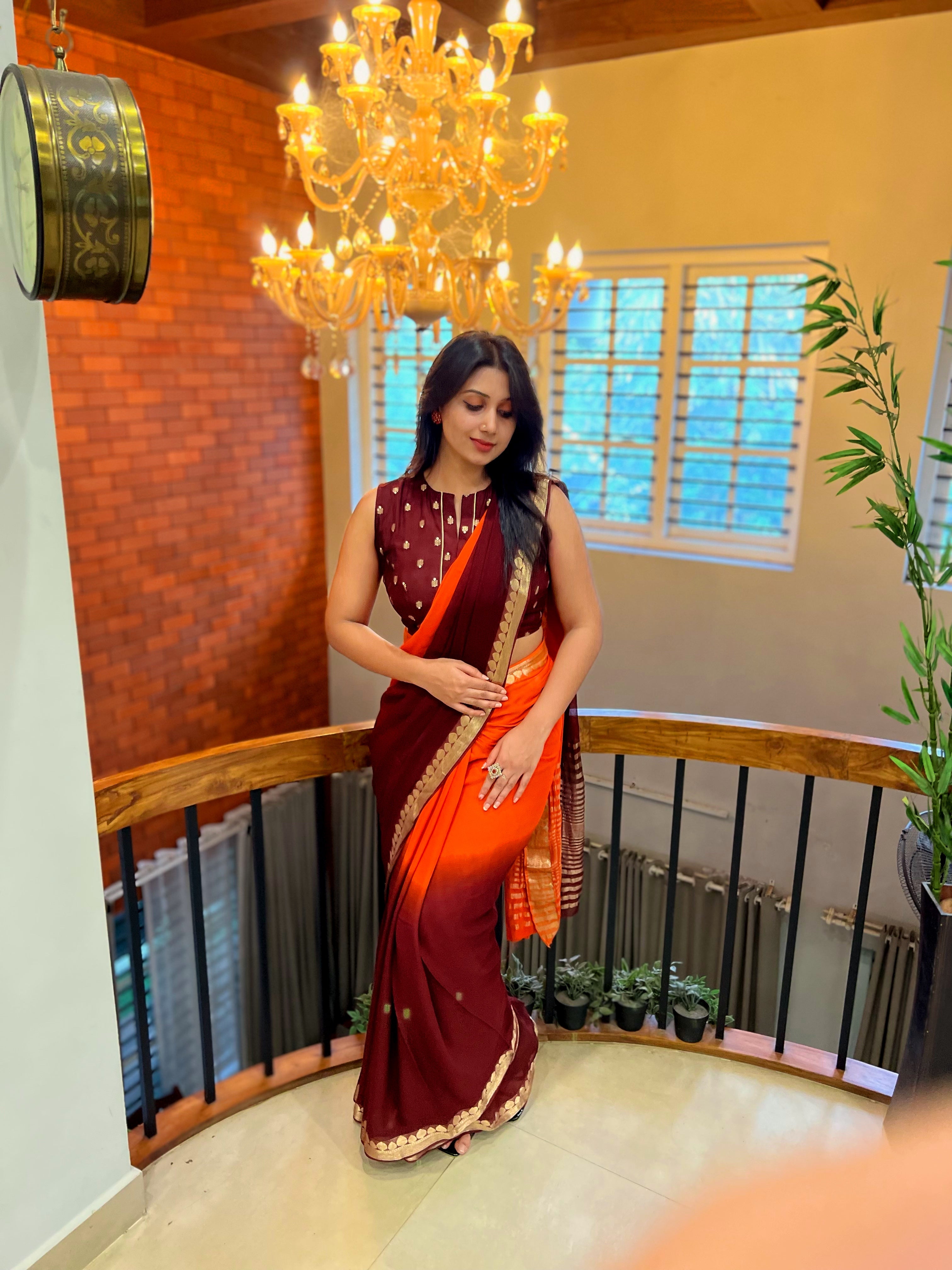 ORANGE BROWN VISCOSE GEORGETTE SAREE - TBS26VDS